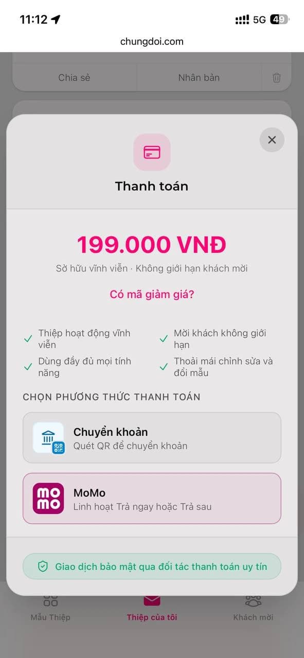 Màn hình chọn phương thức thanh toán ChungDoi có Chuyển khoản và MoMo
