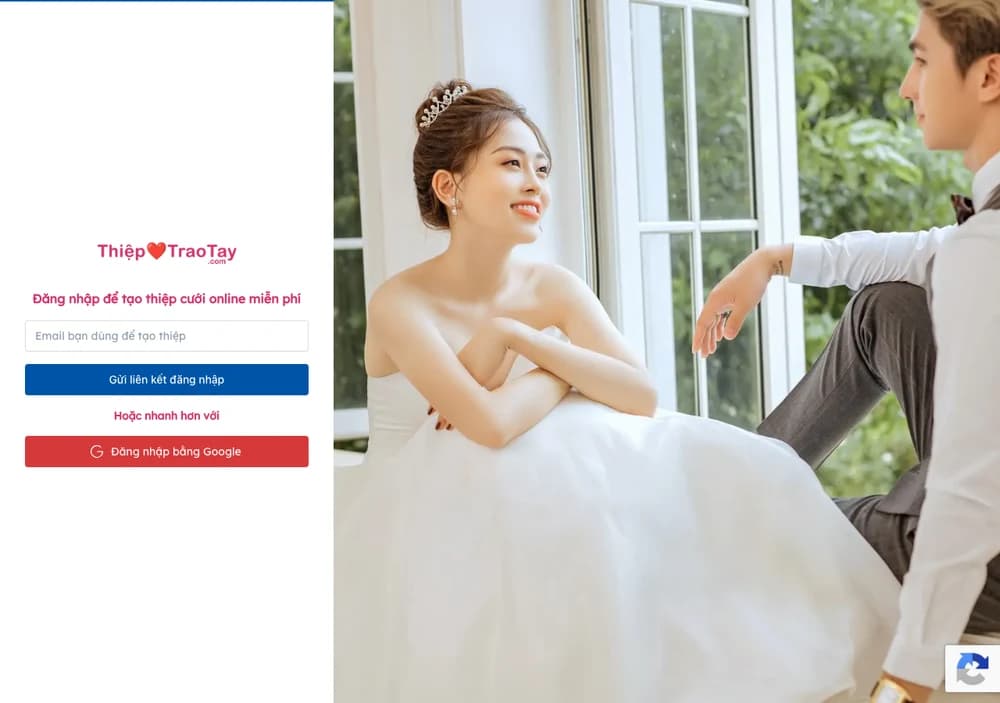 Màn hình đầu tiên của Thiệp Trao Tay là form đăng nhập email, không xem được mẫu nào trước đó, chụp tháng 8 năm 2026