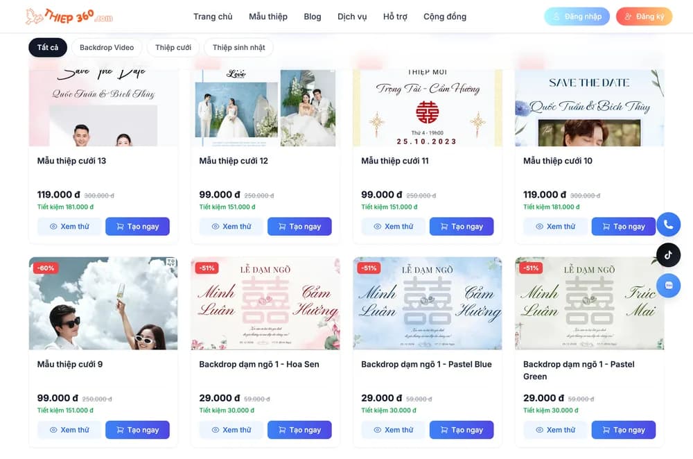 Kho mẫu thiệp cưới Thiep360, chụp tháng 8 năm 2026