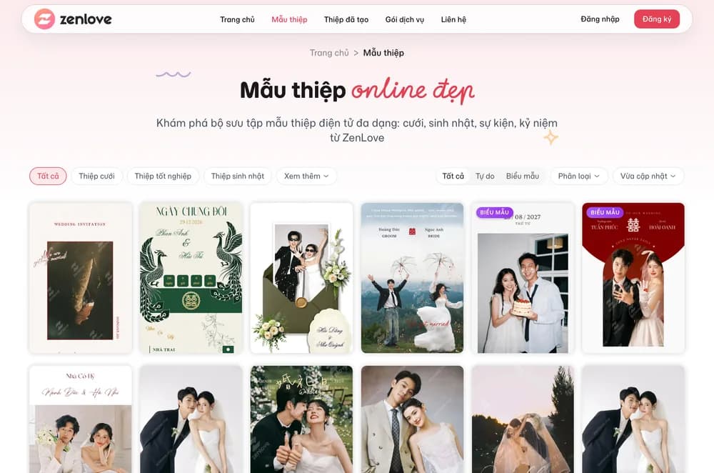 Kho mẫu thiệp cưới ZenLove, bố cục trùng với CineLove, chụp tháng 8 năm 2026