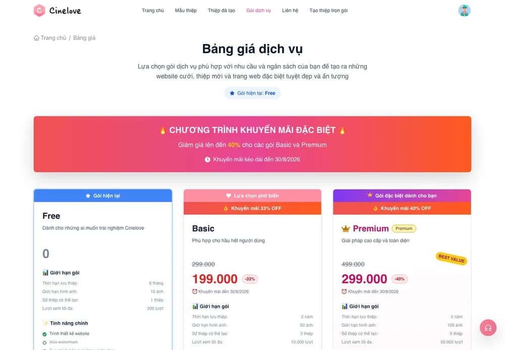 Bảng giá CineLove ghi rõ bốn hạn mức của gói miễn phí: lưu 6 tháng, 10 ảnh, 1 thiệp, tối đa 300 lượt xem, chụp tháng 8 năm 2026