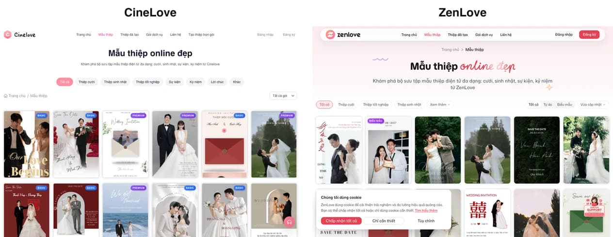 Trang kho mẫu CineLove và ZenLove đặt cạnh nhau, trùng bố cục, trùng bộ chip phân loại và trùng nguyên văn câu phụ đề