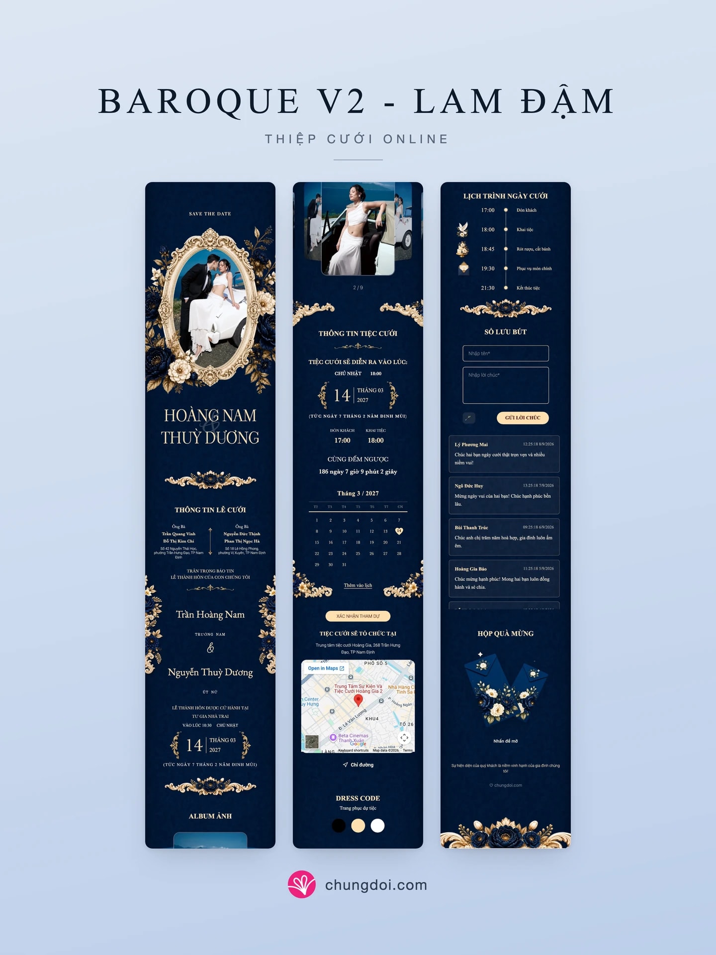 Toàn cảnh mẫu thiệp cưới Baroque V2 - Lam Đậm: ba phần của thiệp xếp cạnh nhau