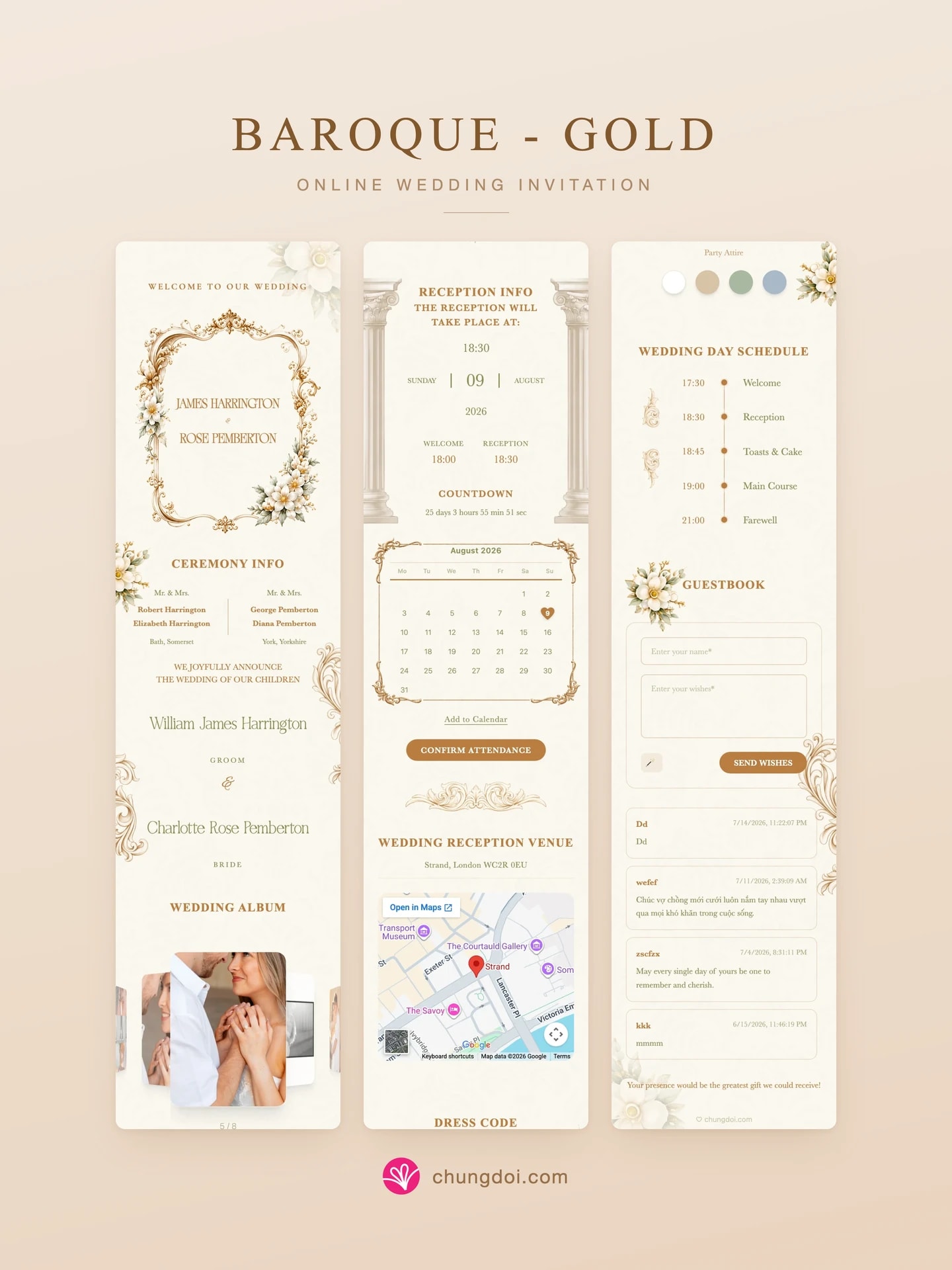 Full view of the Baroque - Gold wedding invitation: its three sections side by side
