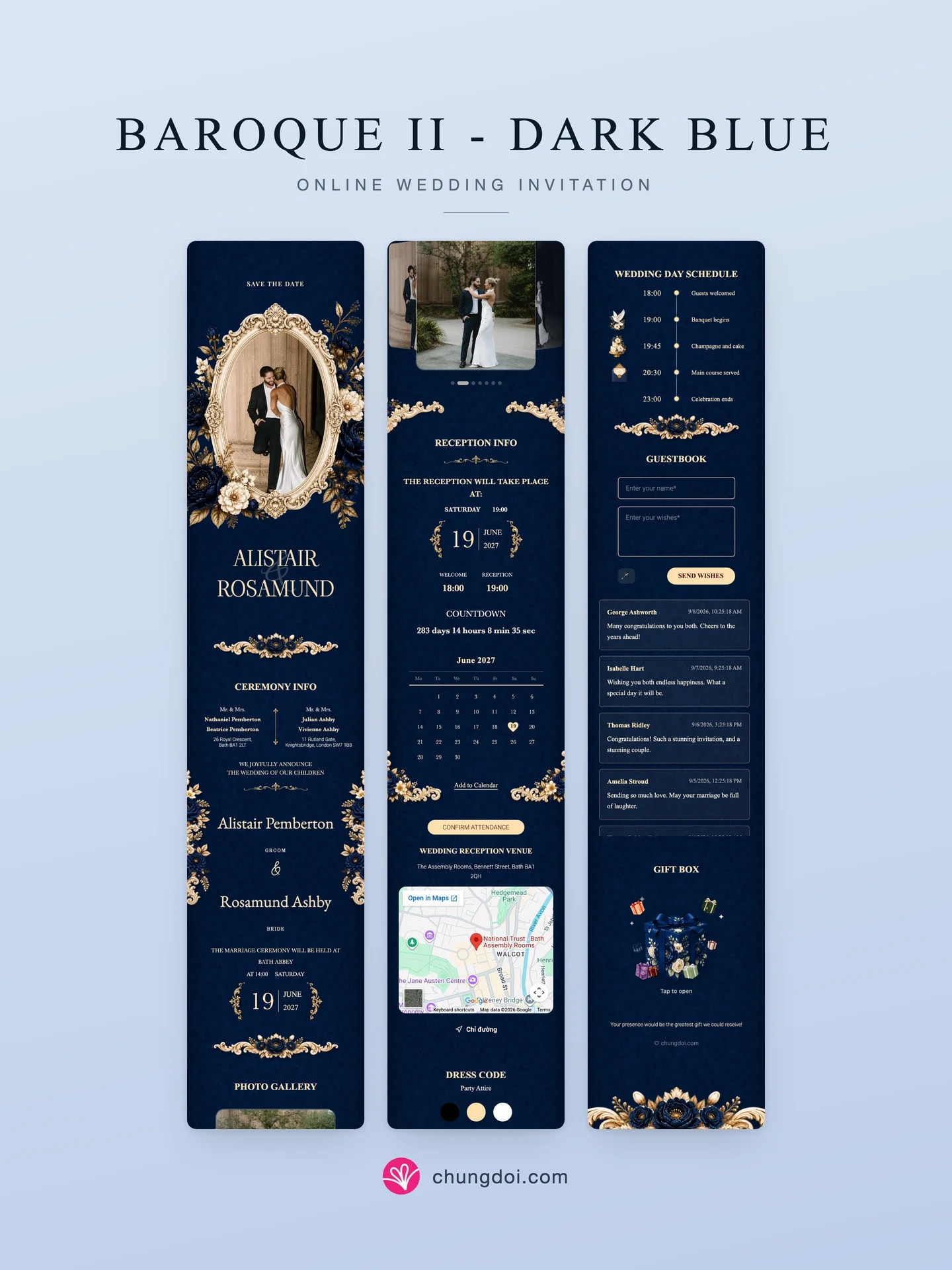 Vista completa de la invitación de boda Baroque II - Dark Blue: sus tres secciones una al lado de la otra