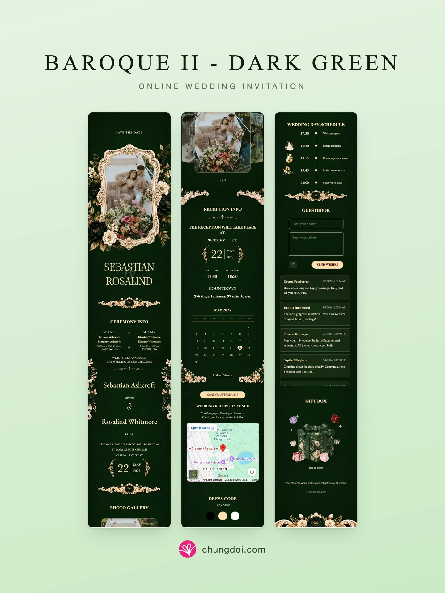 Full view of the Baroque II - Dark Green wedding invitation: its three sections side by side