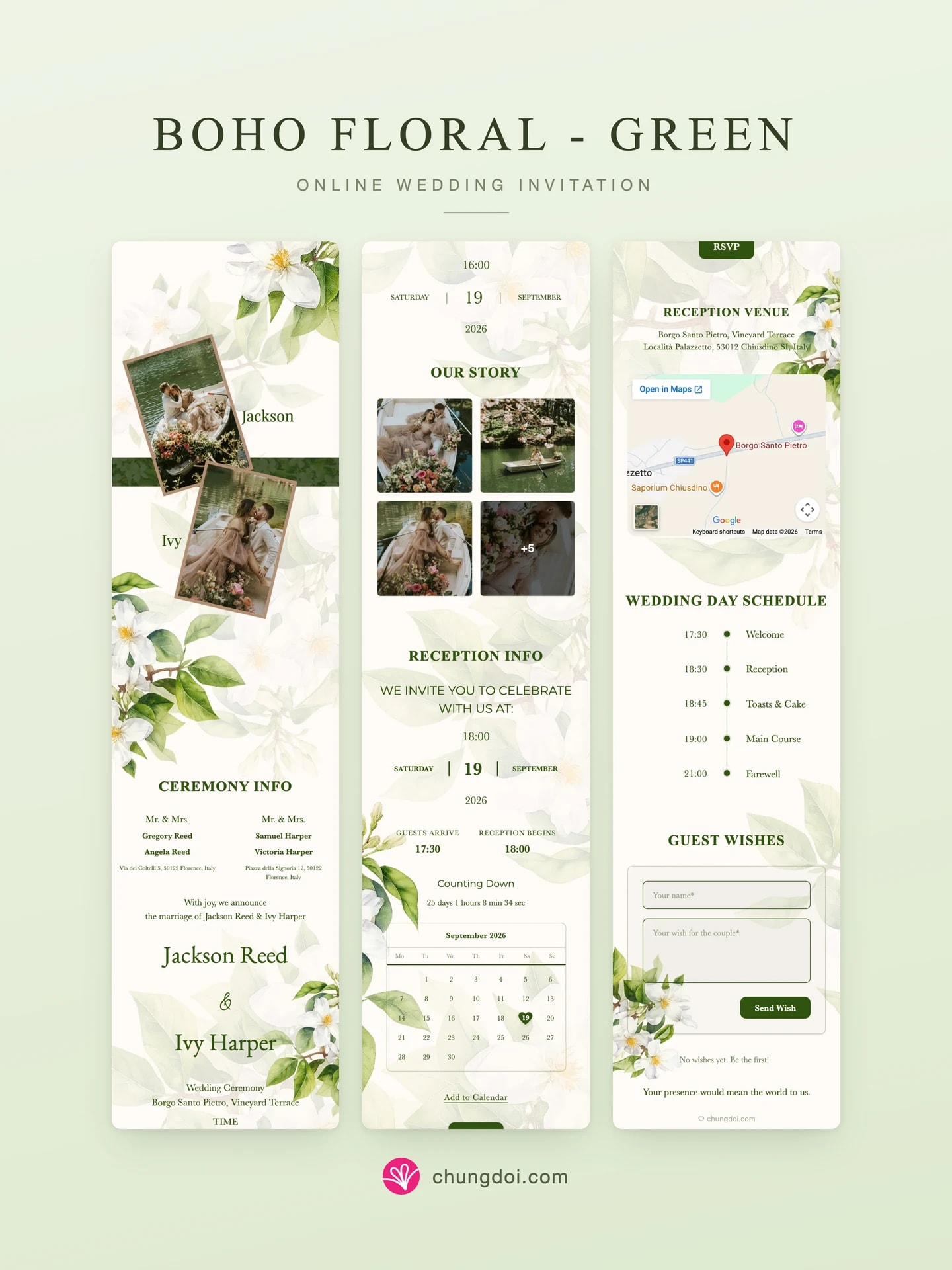 Full view of the Boho Floral - Green wedding invitation: its three sections side by side