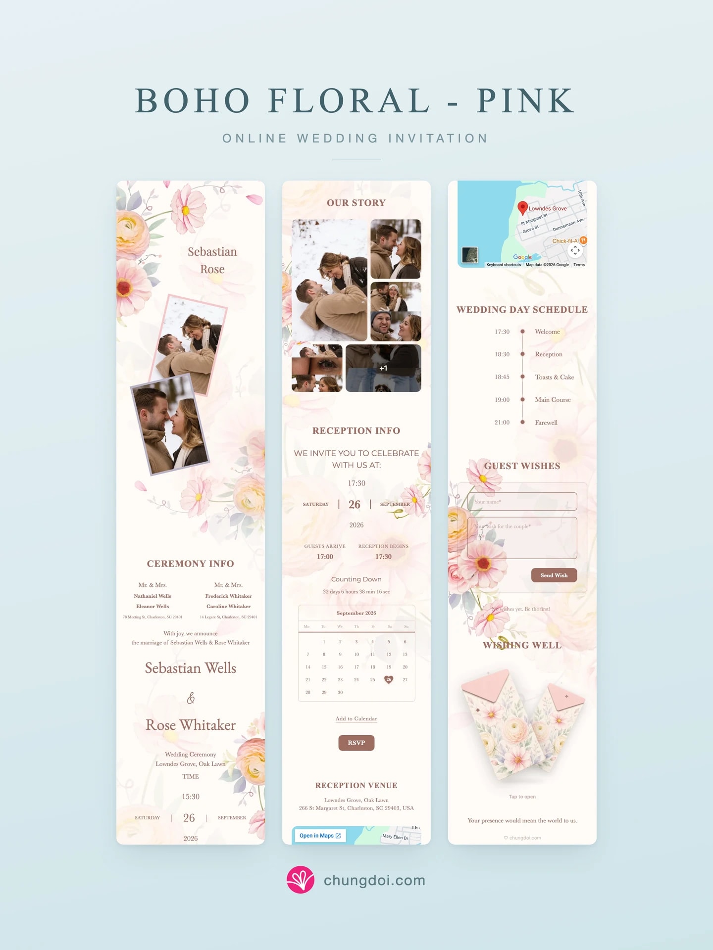 Full view of the Boho Floral - Pink wedding invitation: its three sections side by side