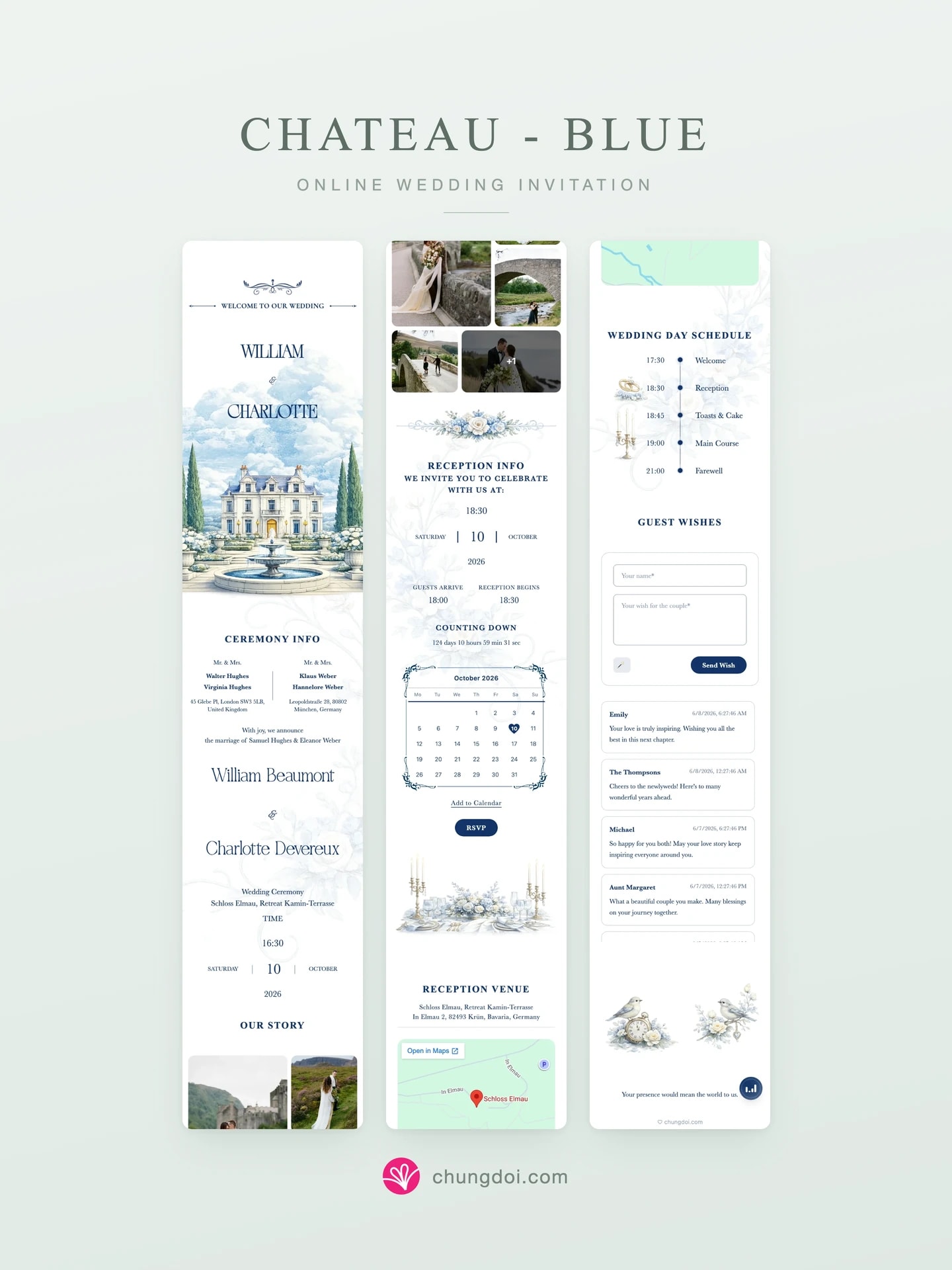 Vista completa de la invitación de boda Chateau - Blue: sus tres secciones una al lado de la otra