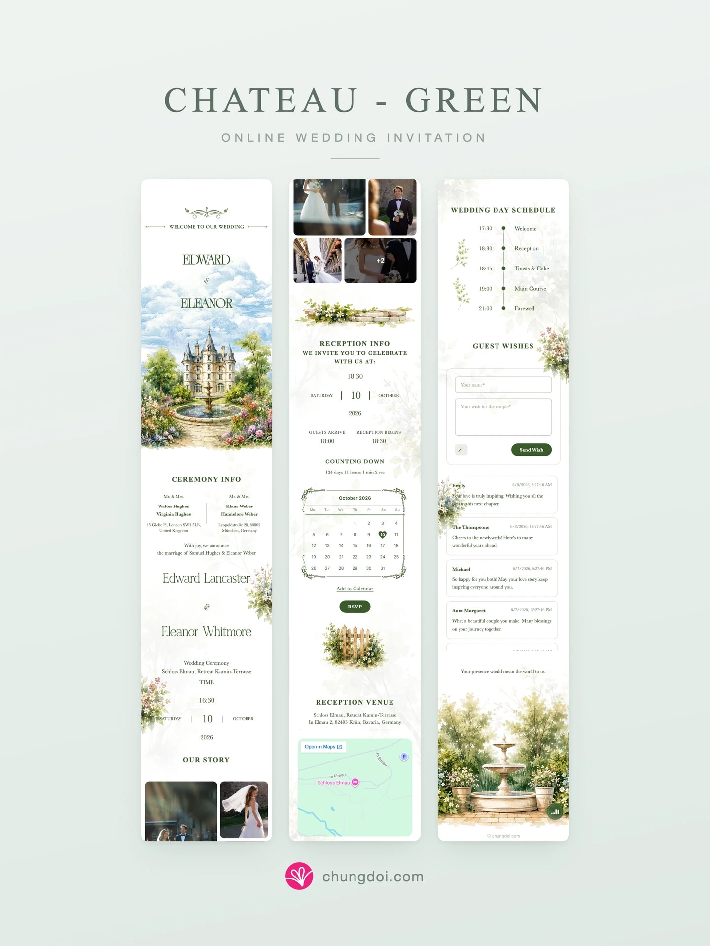 Vista completa de la invitación de boda Chateau - Green: sus tres secciones una al lado de la otra