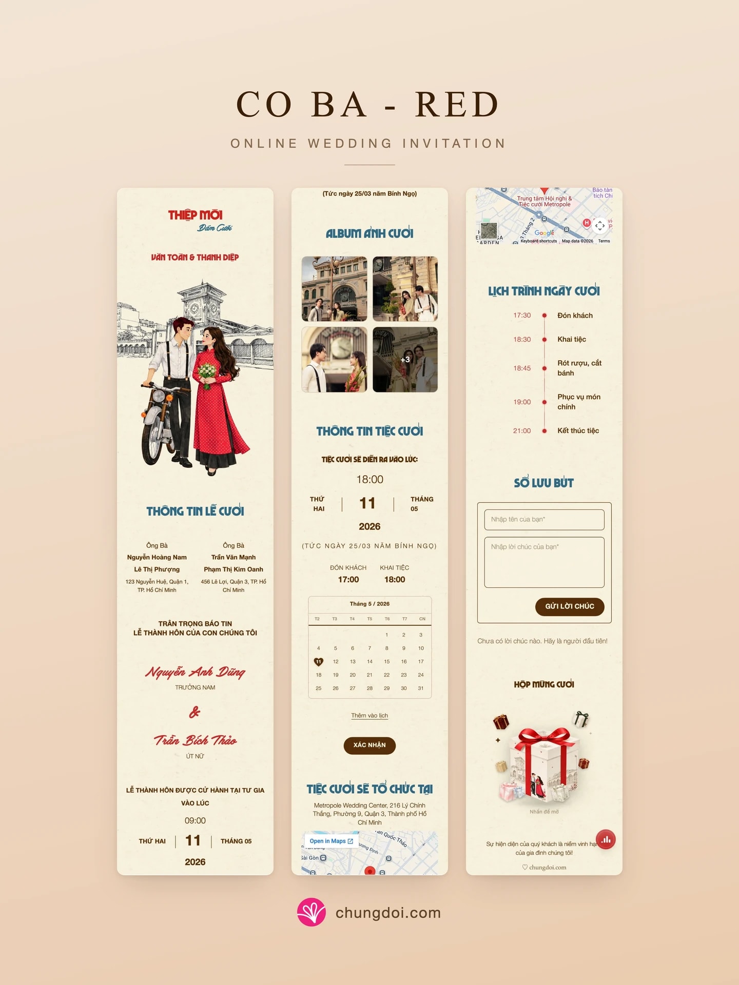 Full view of the Co Ba - Red wedding invitation: its three sections side by side