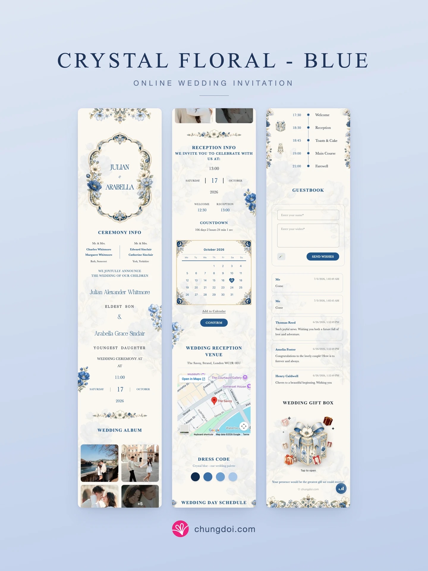 Full view of the Crystal Floral - Blue wedding invitation: its three sections side by side