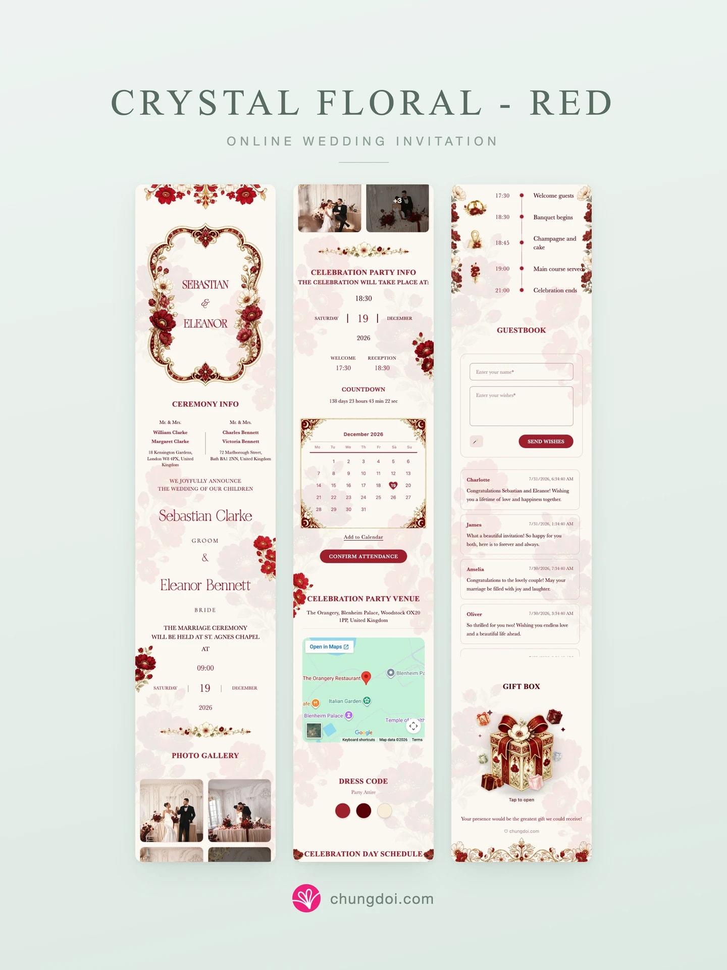 Full view of the Crystal Floral - Red wedding invitation: its three sections side by side