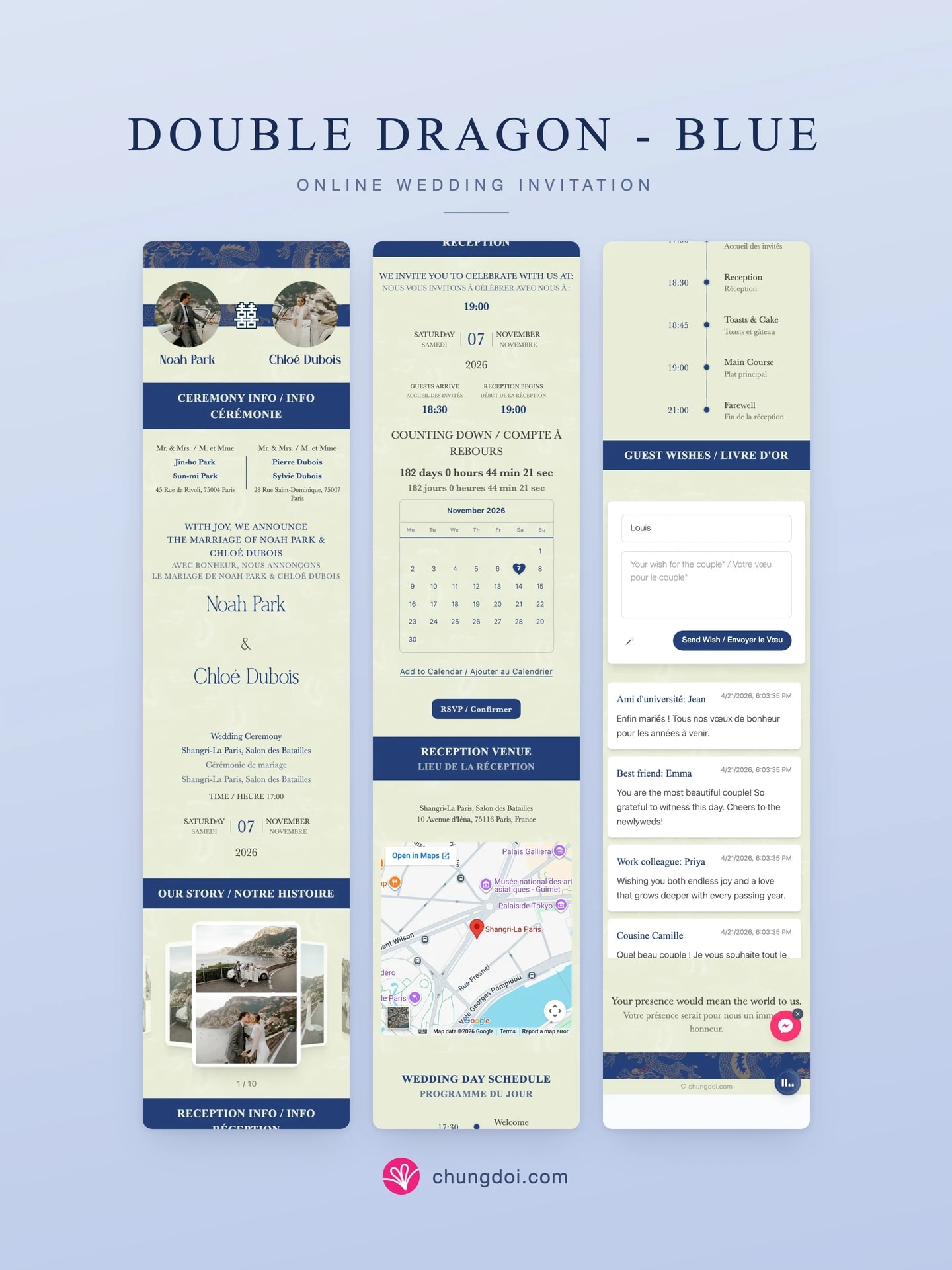 Full view of the Double Dragon - Blue wedding invitation: its three sections side by side