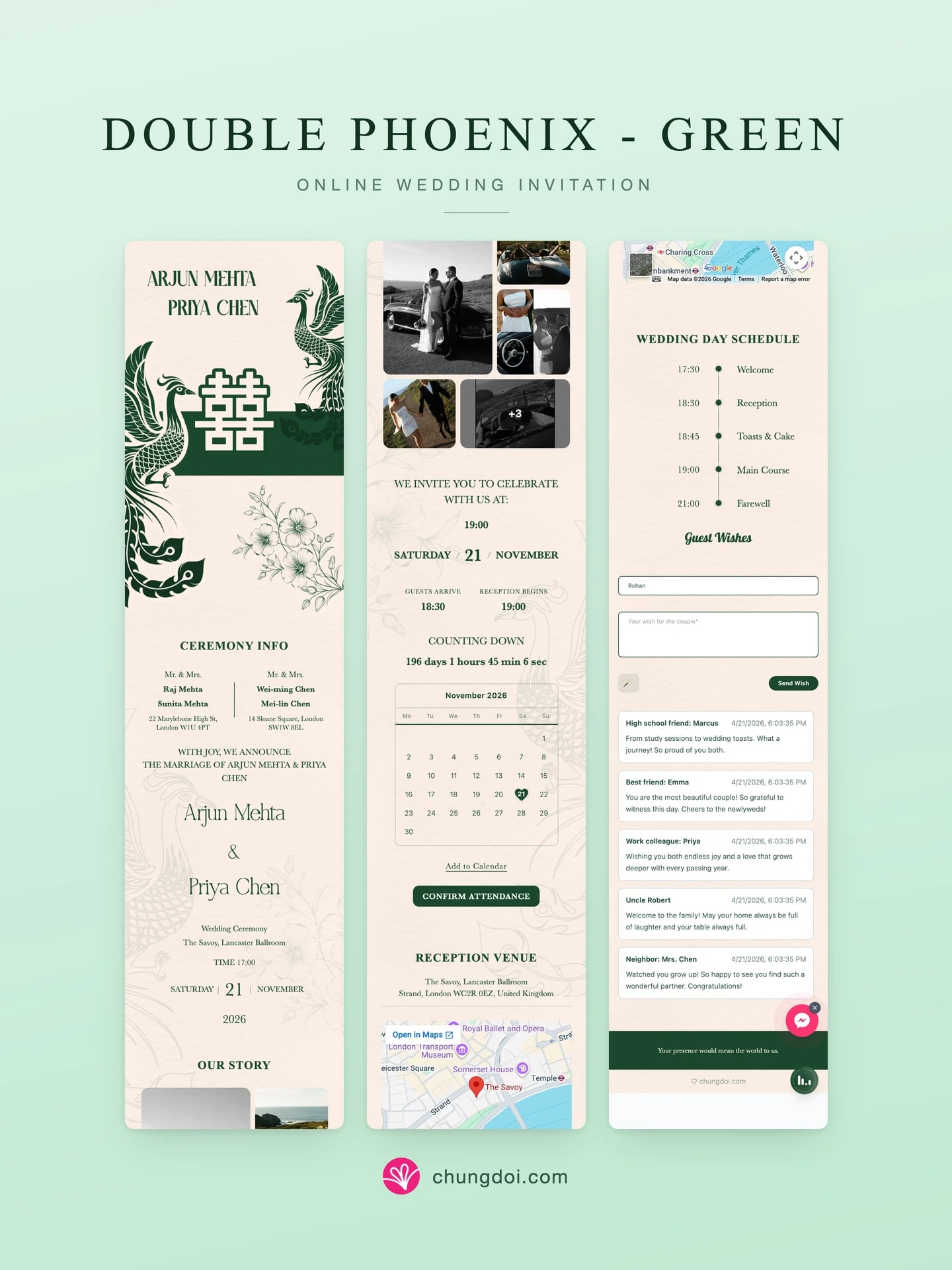 Full view of the Double Phoenix - Green wedding invitation: its three sections side by side