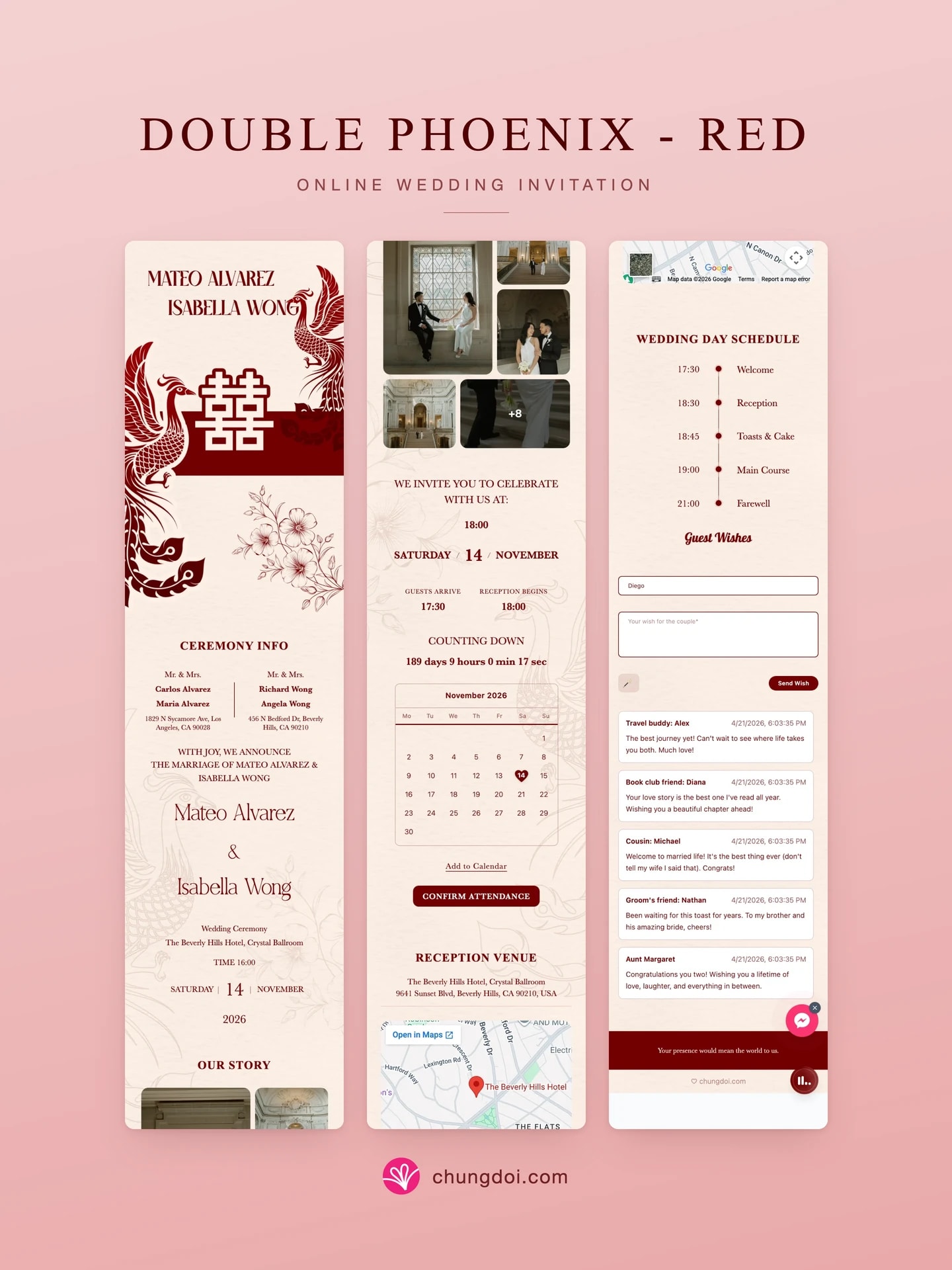 Full view of the Double Phoenix - Red wedding invitation: its three sections side by side
