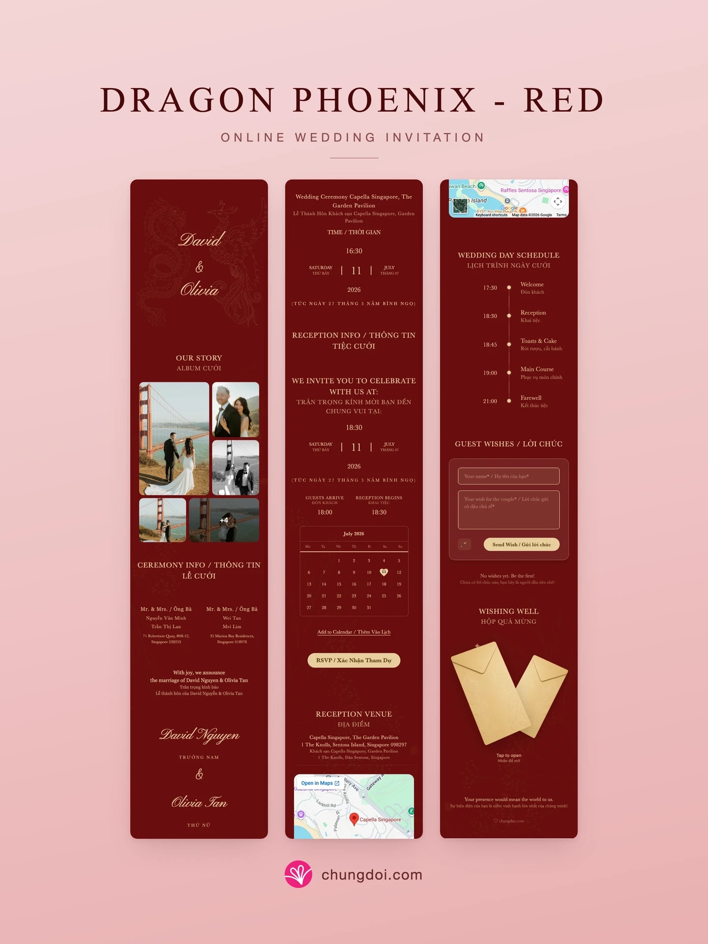 Full view of the Dragon Phoenix - Red wedding invitation: its three sections side by side