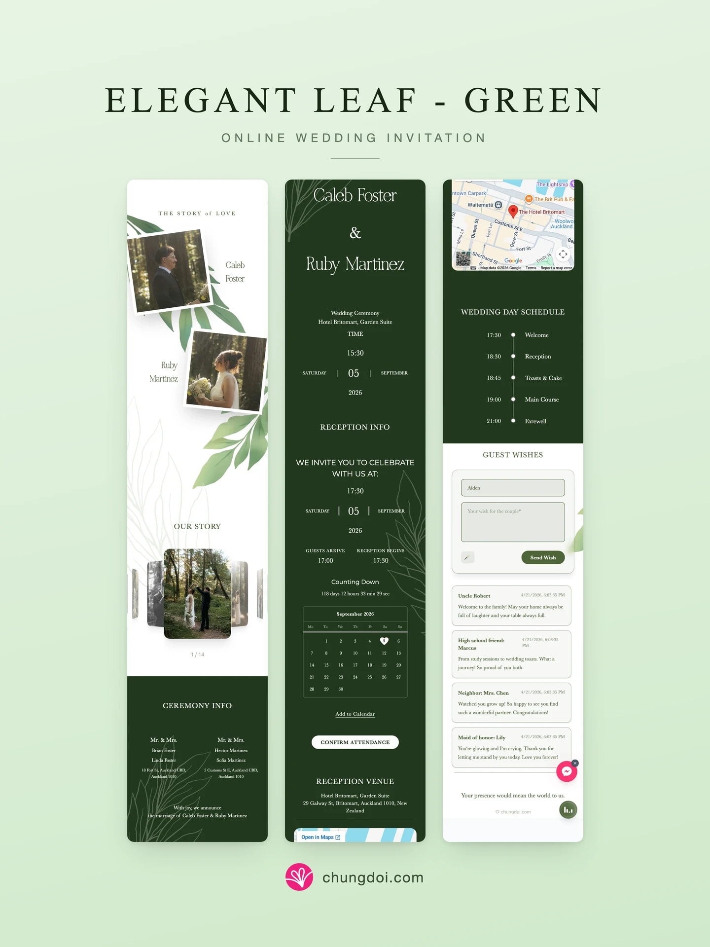 Vista completa de la invitación de boda Elegant Leaf - Green: sus tres secciones una al lado de la otra