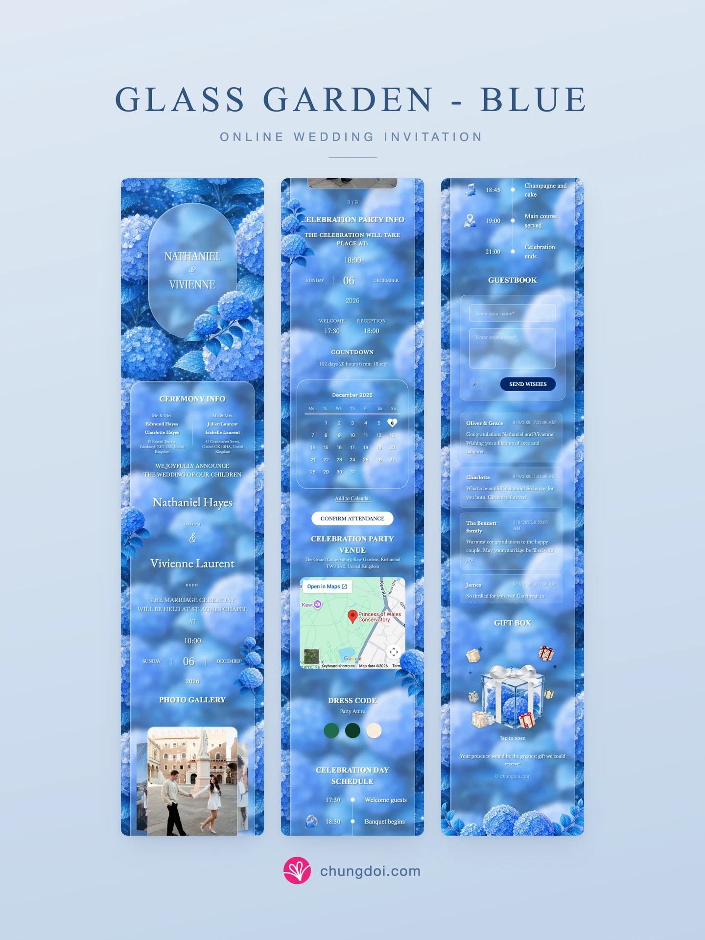 Full view of the Glass Garden - Blue wedding invitation: its three sections side by side