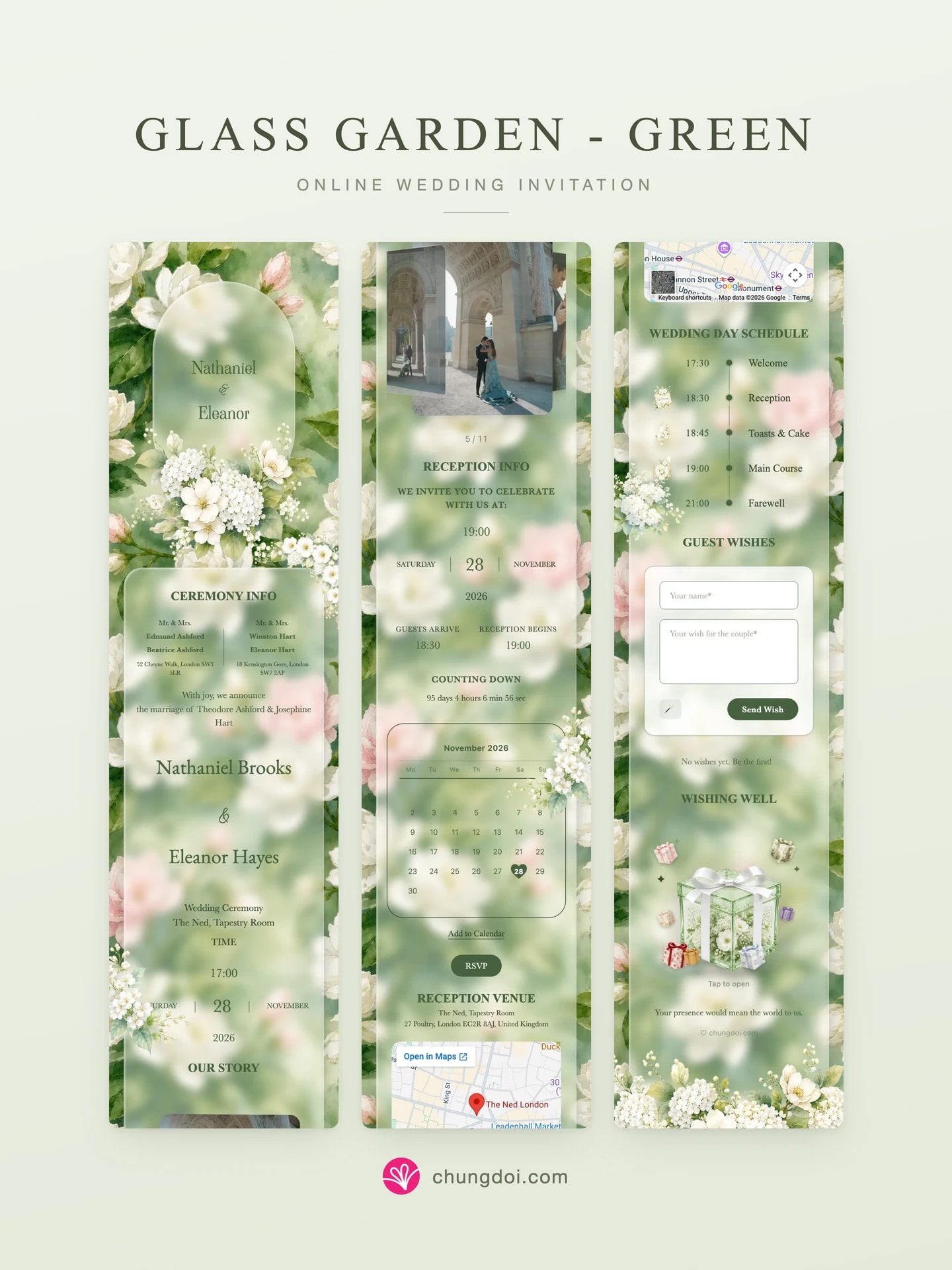 Full view of the Glass Garden - Green wedding invitation: its three sections side by side