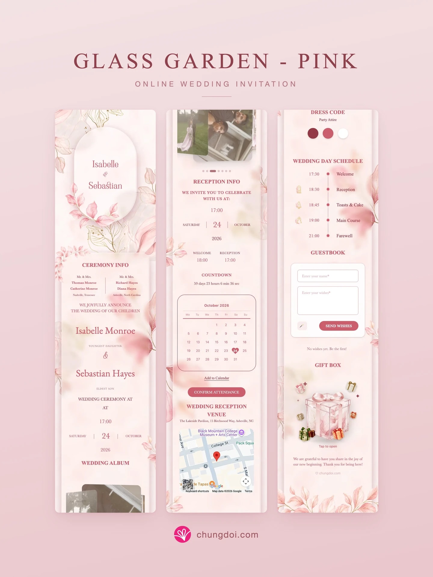 Full view of the Glass Garden - Pink wedding invitation: its three sections side by side