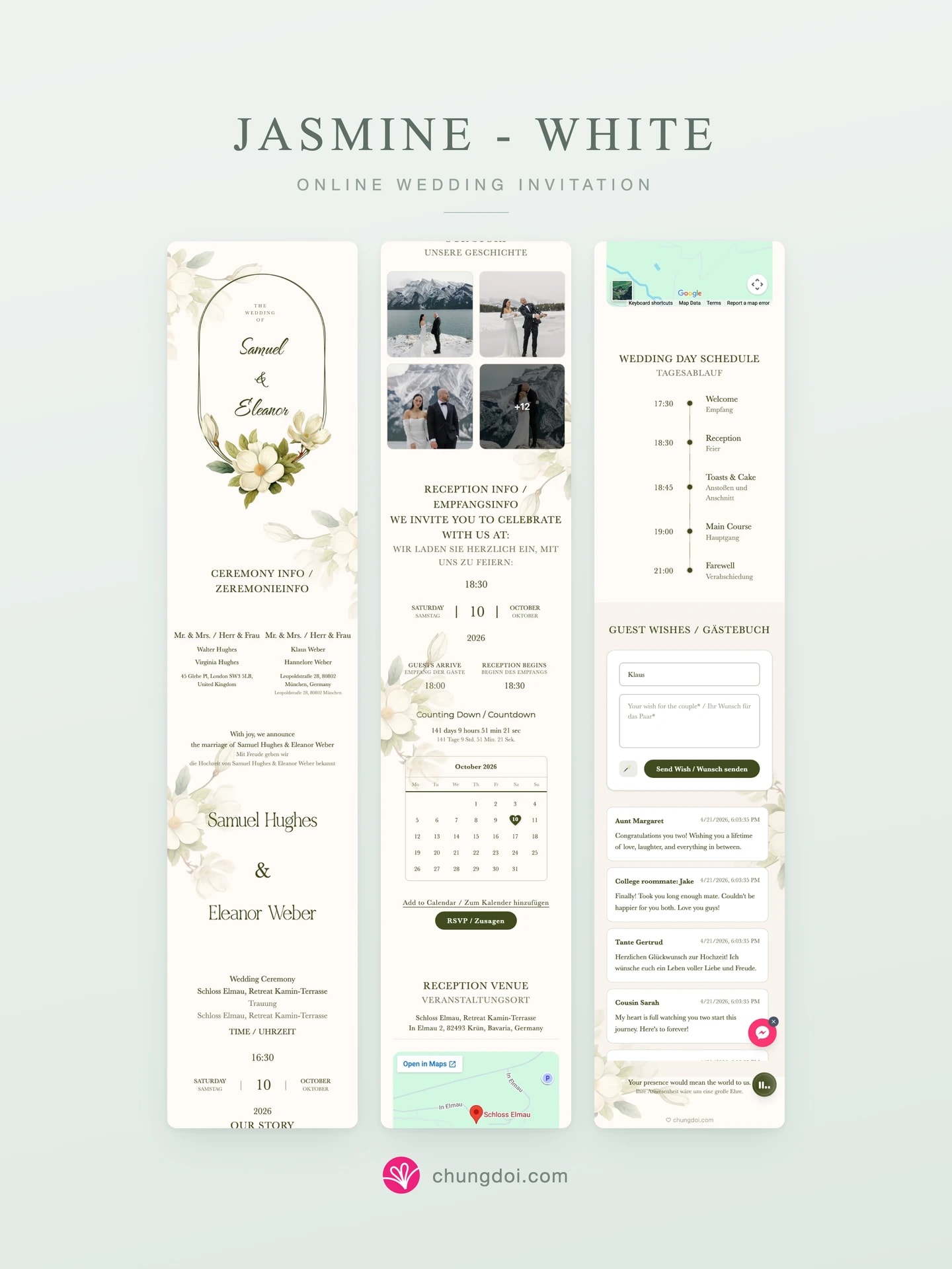 Full view of the Jasmine - White wedding invitation: its three sections side by side