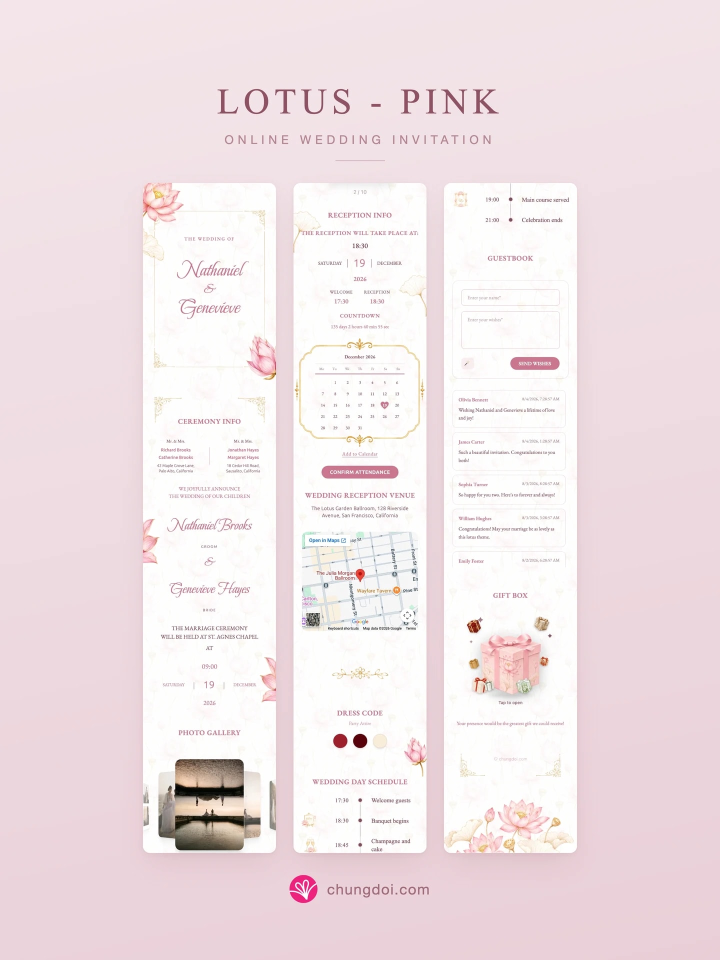 Full view of the Lotus - Pink wedding invitation: its three sections side by side