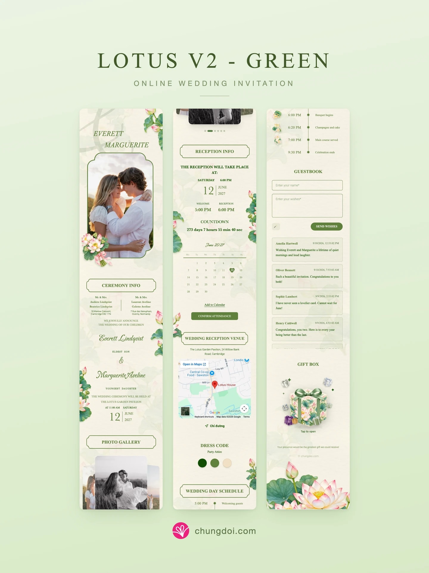 Vista completa de la invitación de boda Lotus V2 - Green: sus tres secciones una al lado de la otra