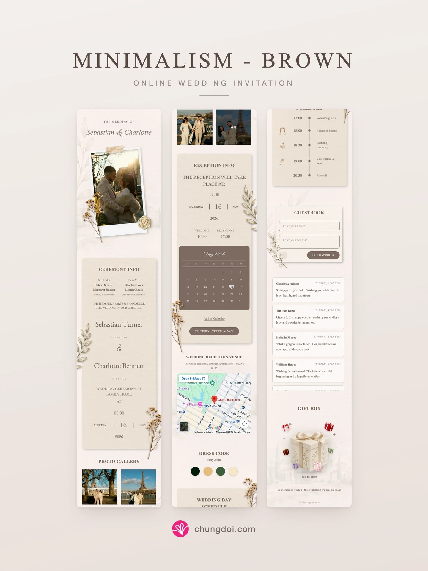 Full view of the Minimalism - Brown wedding invitation: its three sections side by side