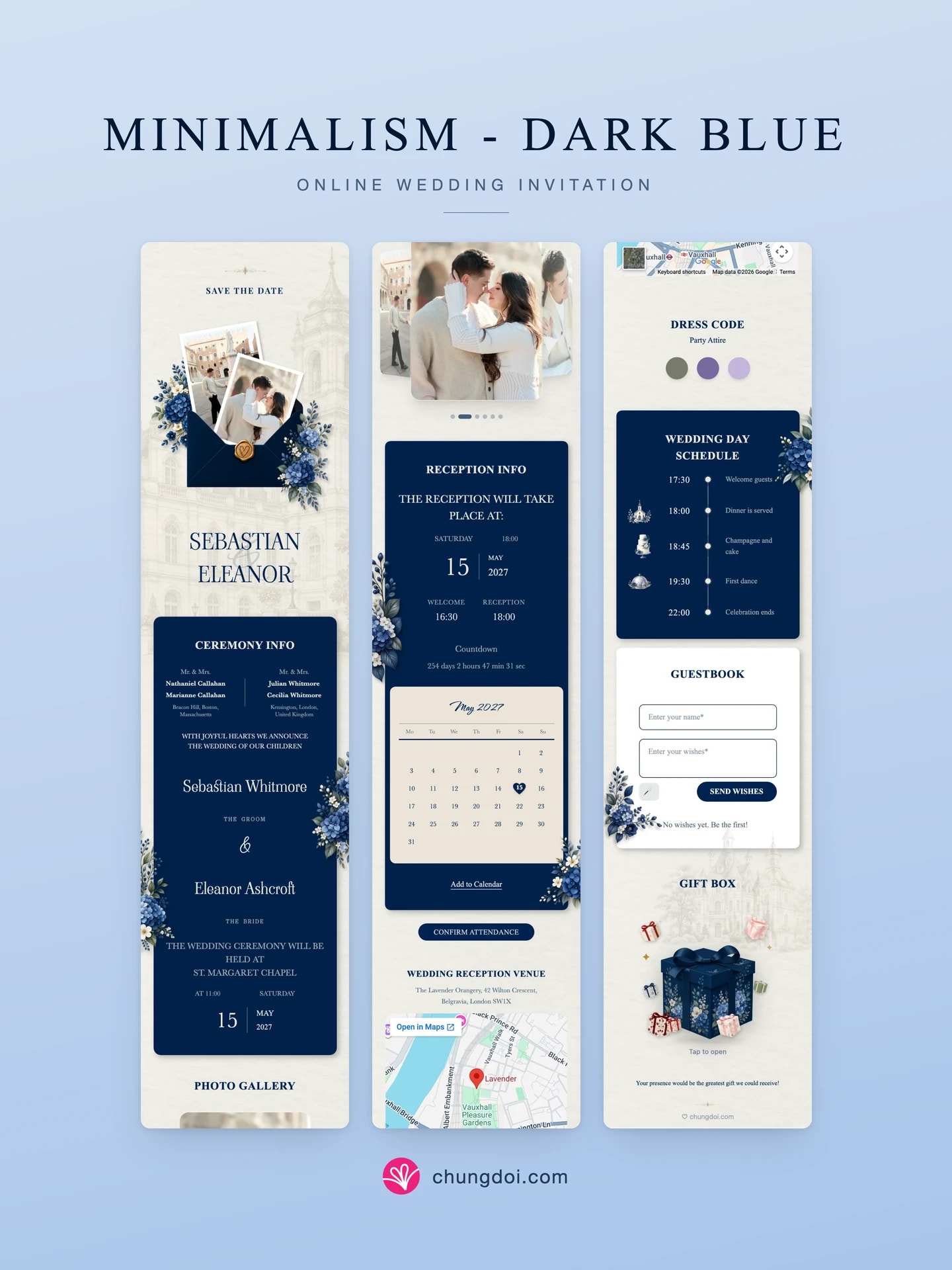 Vista completa de la invitación de boda Minimalism - Dark Blue: sus tres secciones una al lado de la otra