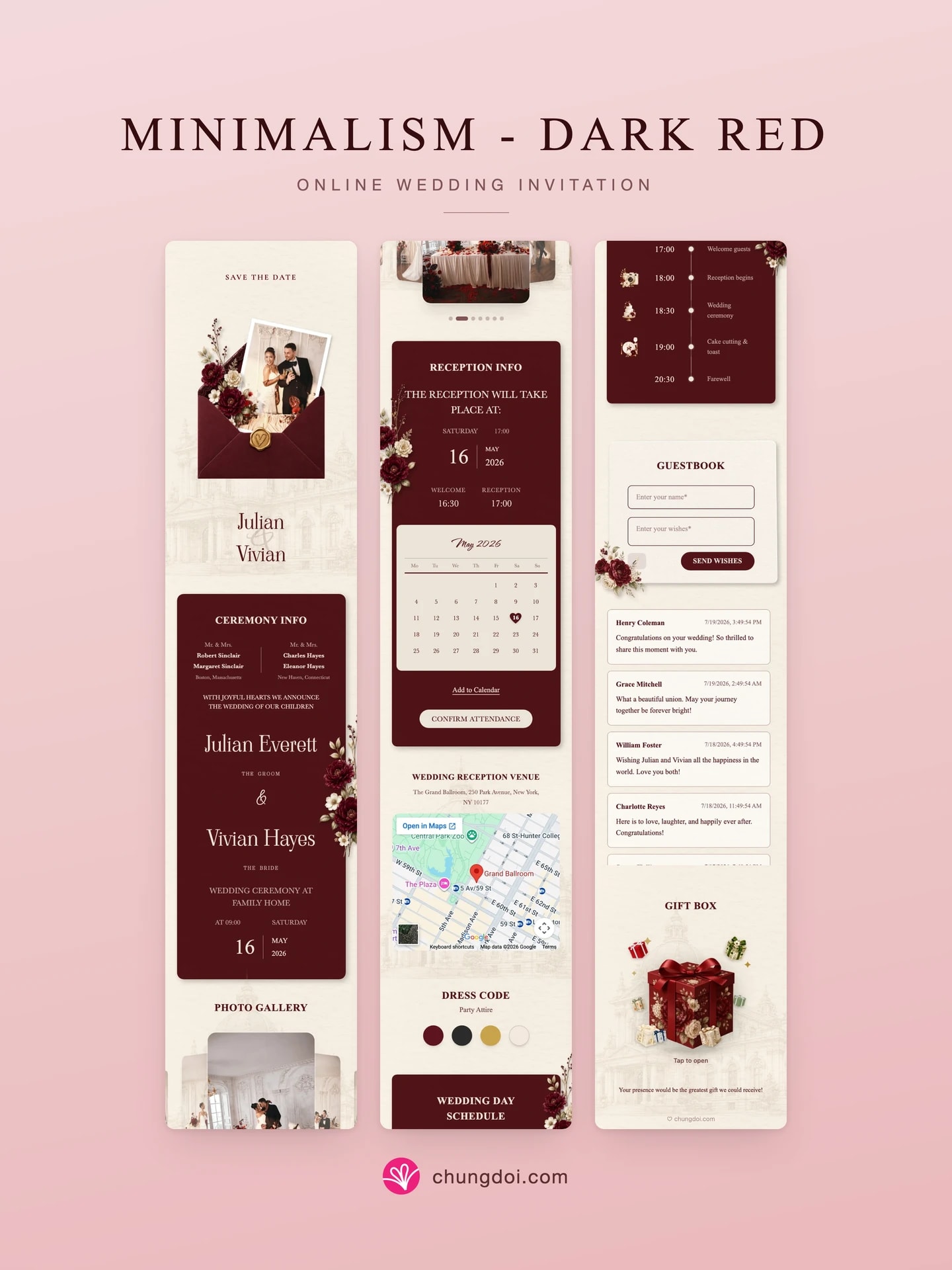 Gesamtansicht der Hochzeitseinladung Minimalism - Dark Red: die drei Abschnitte nebeneinander