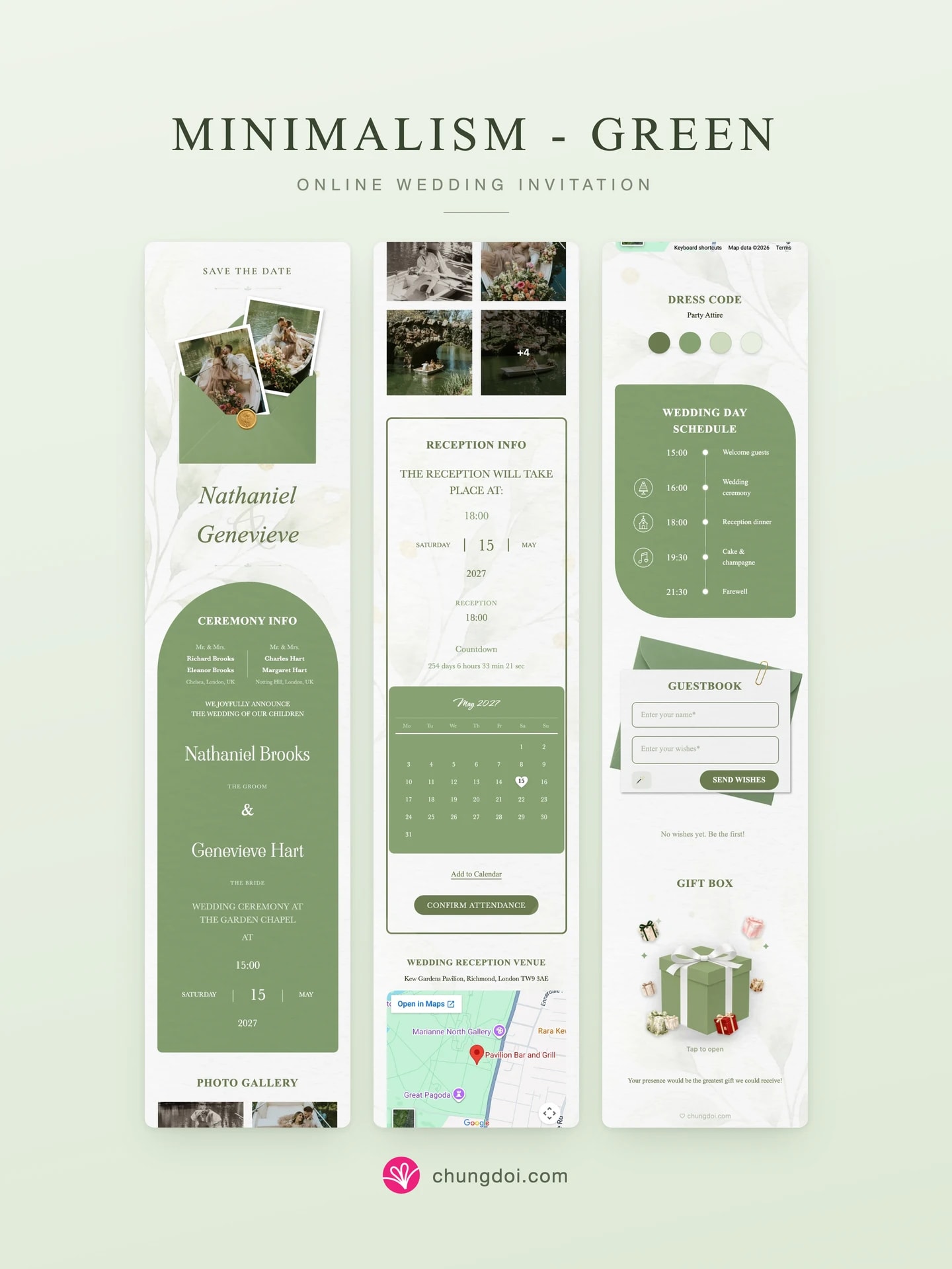 Vista completa de la invitación de boda Minimalism - Green: sus tres secciones una al lado de la otra