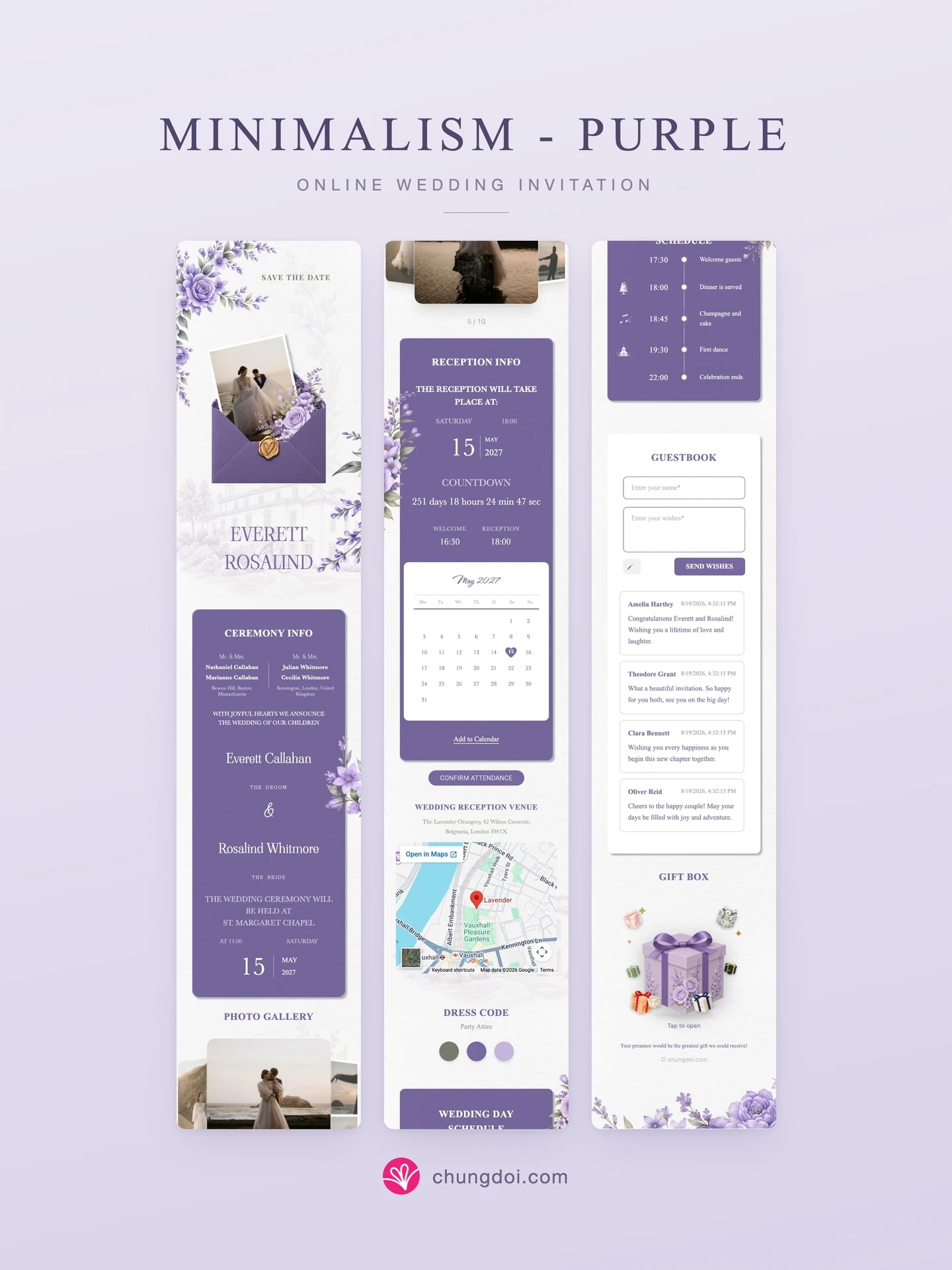 Vista completa de la invitación de boda Minimalism - Purple: sus tres secciones una al lado de la otra