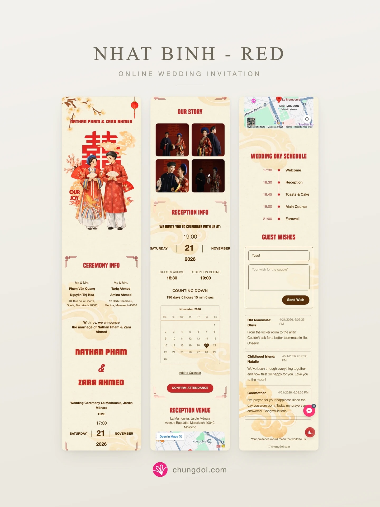 Full view of the Nhat Binh - Red wedding invitation: its three sections side by side