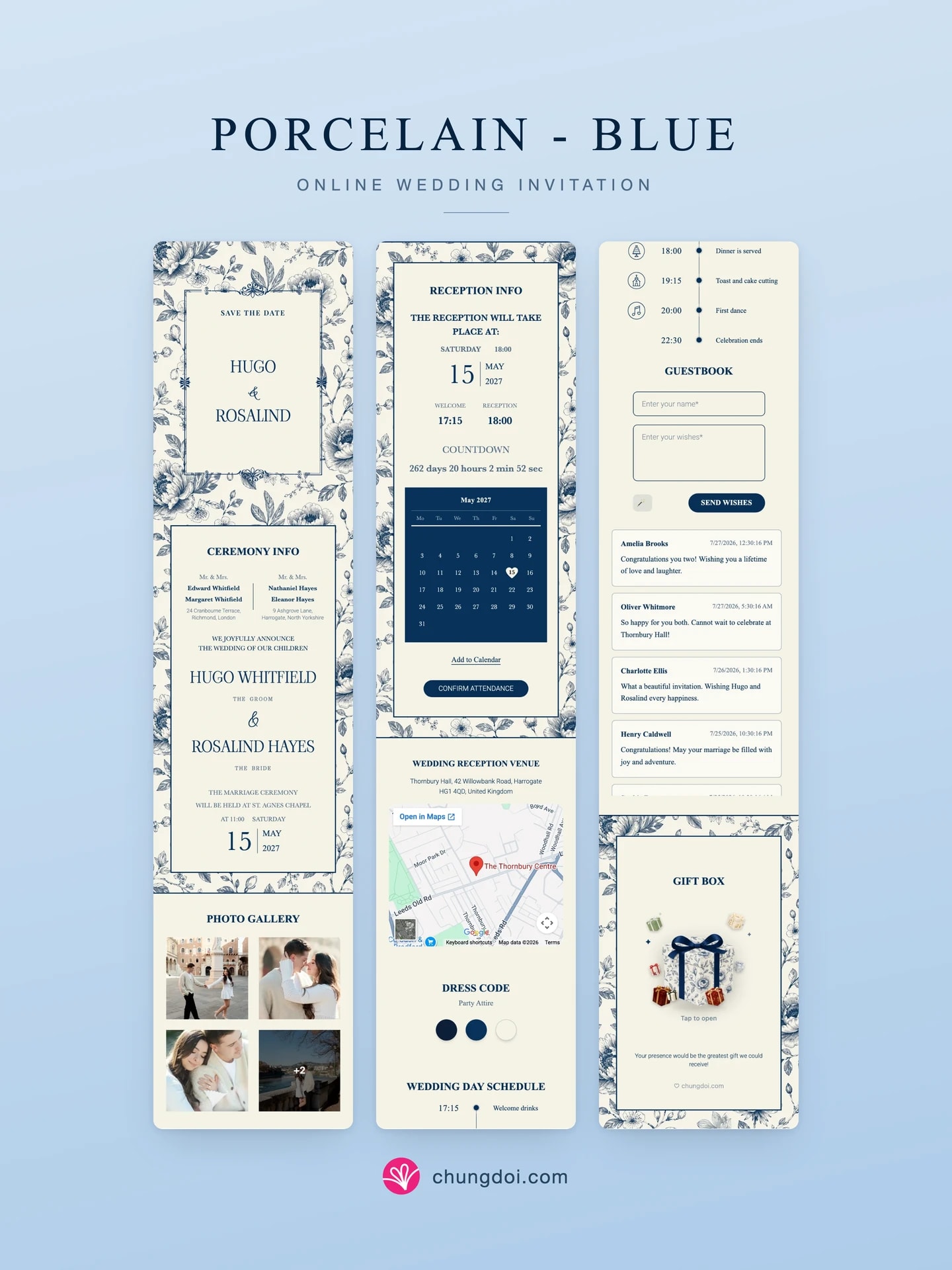 Full view of the Porcelain - Blue wedding invitation: its three sections side by side