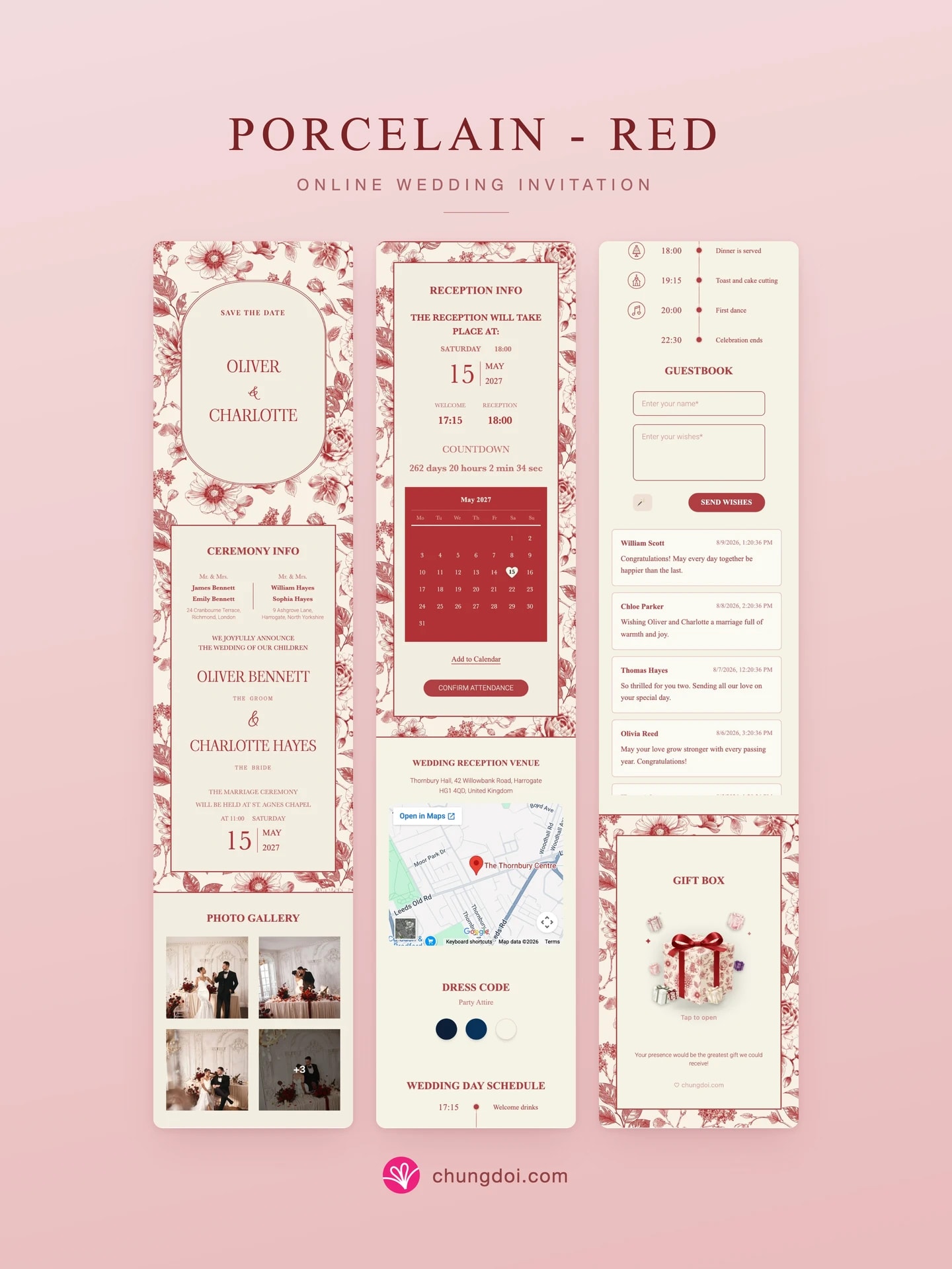 Full view of the Porcelain - Red wedding invitation: its three sections side by side