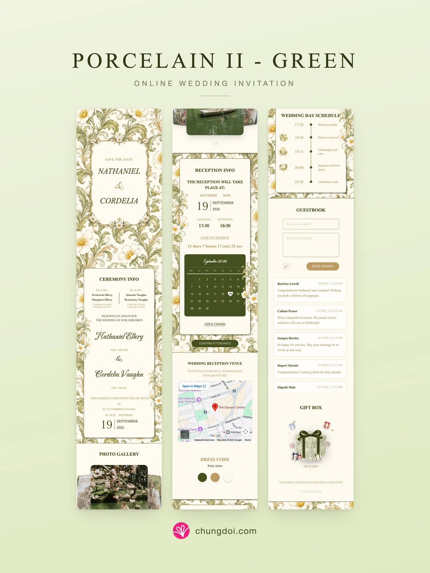 Full view of the Porcelain II - Green wedding invitation: its three sections side by side