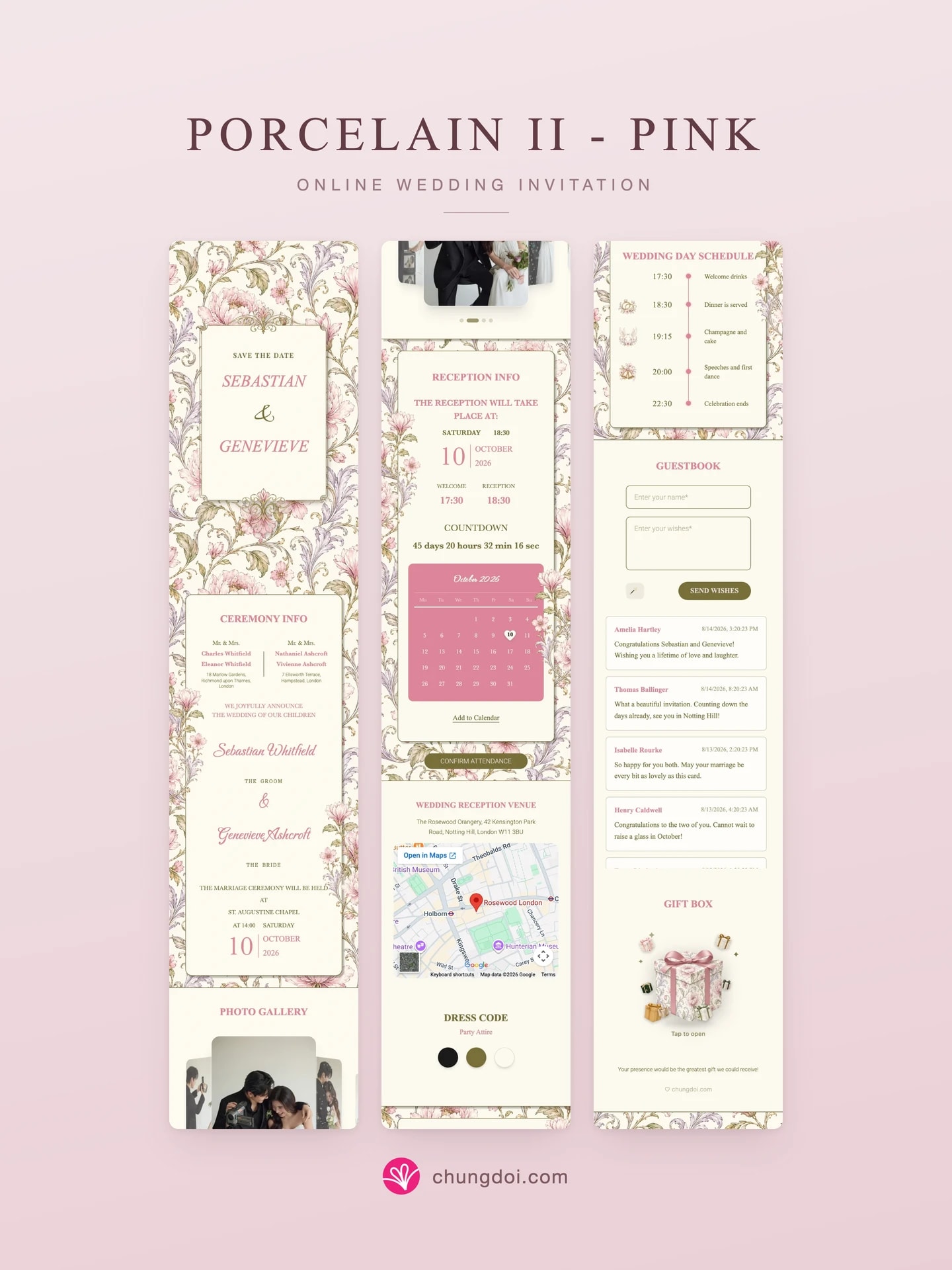Full view of the Porcelain II - Pink wedding invitation: its three sections side by side