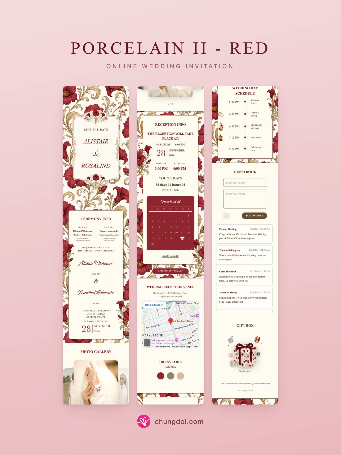 Vue complète du faire-part de mariage Porcelain II - Red : ses trois parties côte à côte