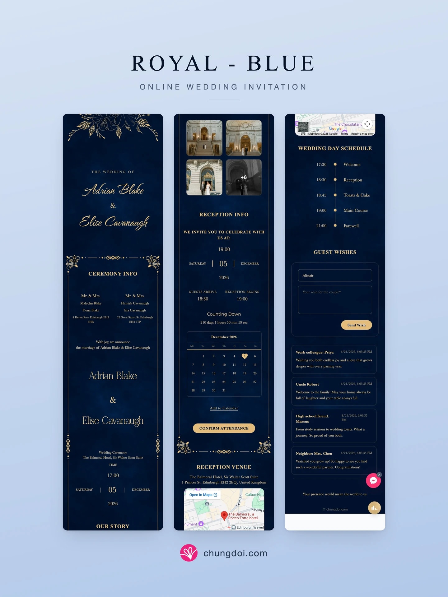 Full view of the Royal - Blue wedding invitation: its three sections side by side