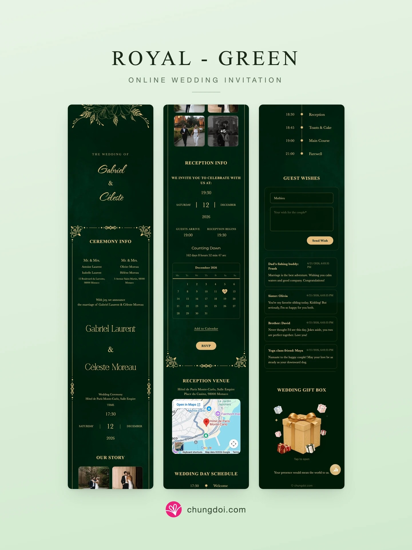 Full view of the Royal - Green wedding invitation: its three sections side by side