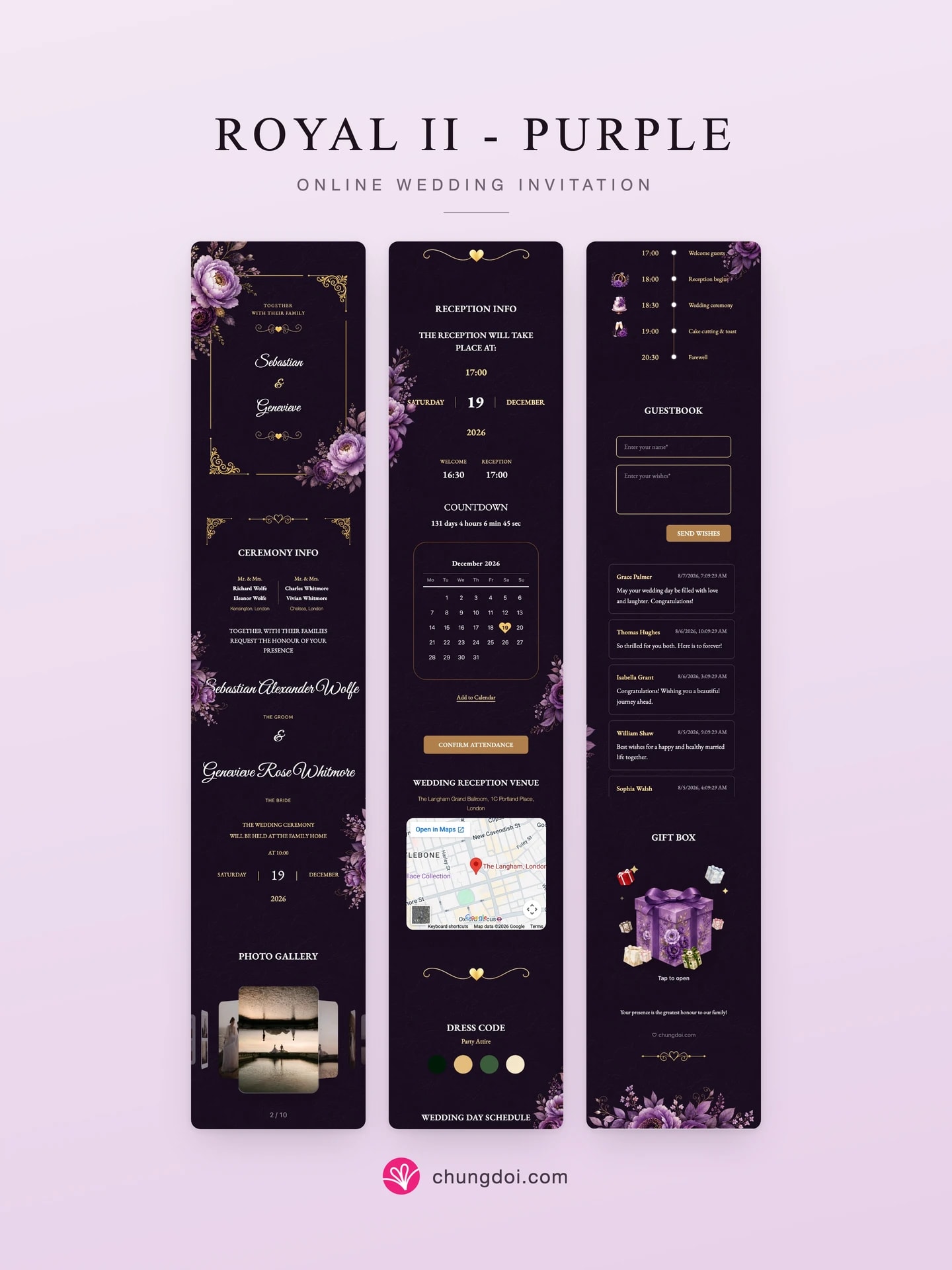 Vista completa de la invitación de boda Royal II - Purple: sus tres secciones una al lado de la otra