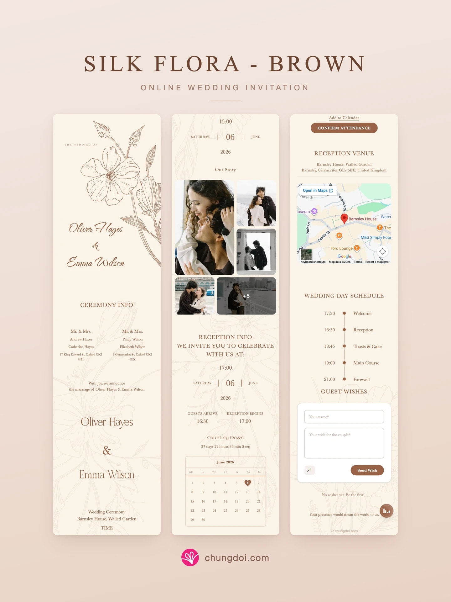 Vista completa de la invitación de boda Silk Flora - Brown: sus tres secciones una al lado de la otra