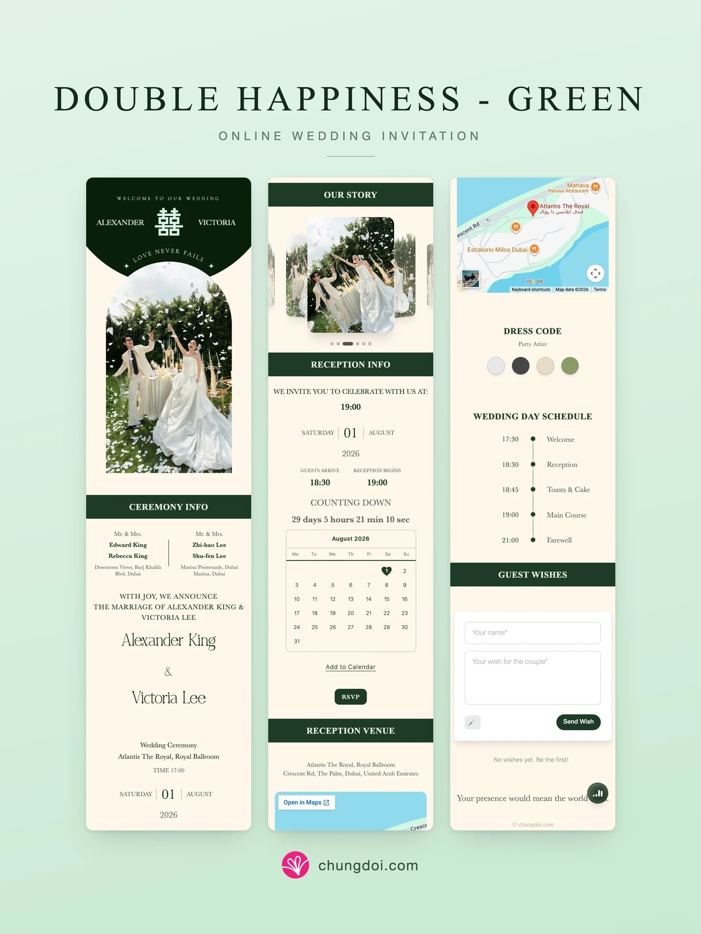Gesamtansicht der Hochzeitseinladung Double Happiness - Green: die drei Abschnitte nebeneinander