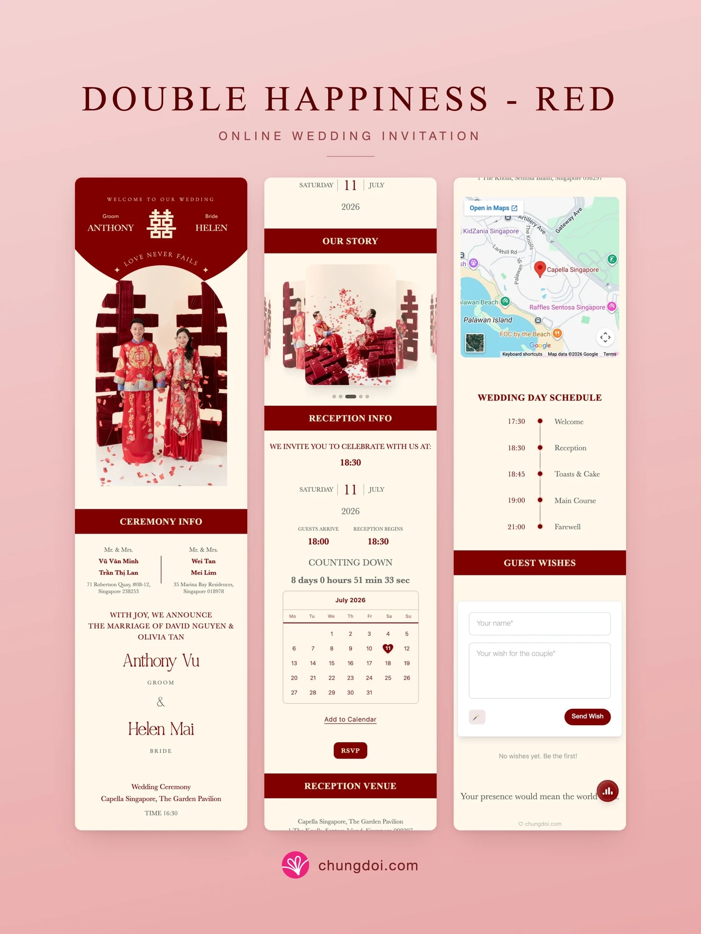 Gesamtansicht der Hochzeitseinladung Double Happiness - Red: die drei Abschnitte nebeneinander