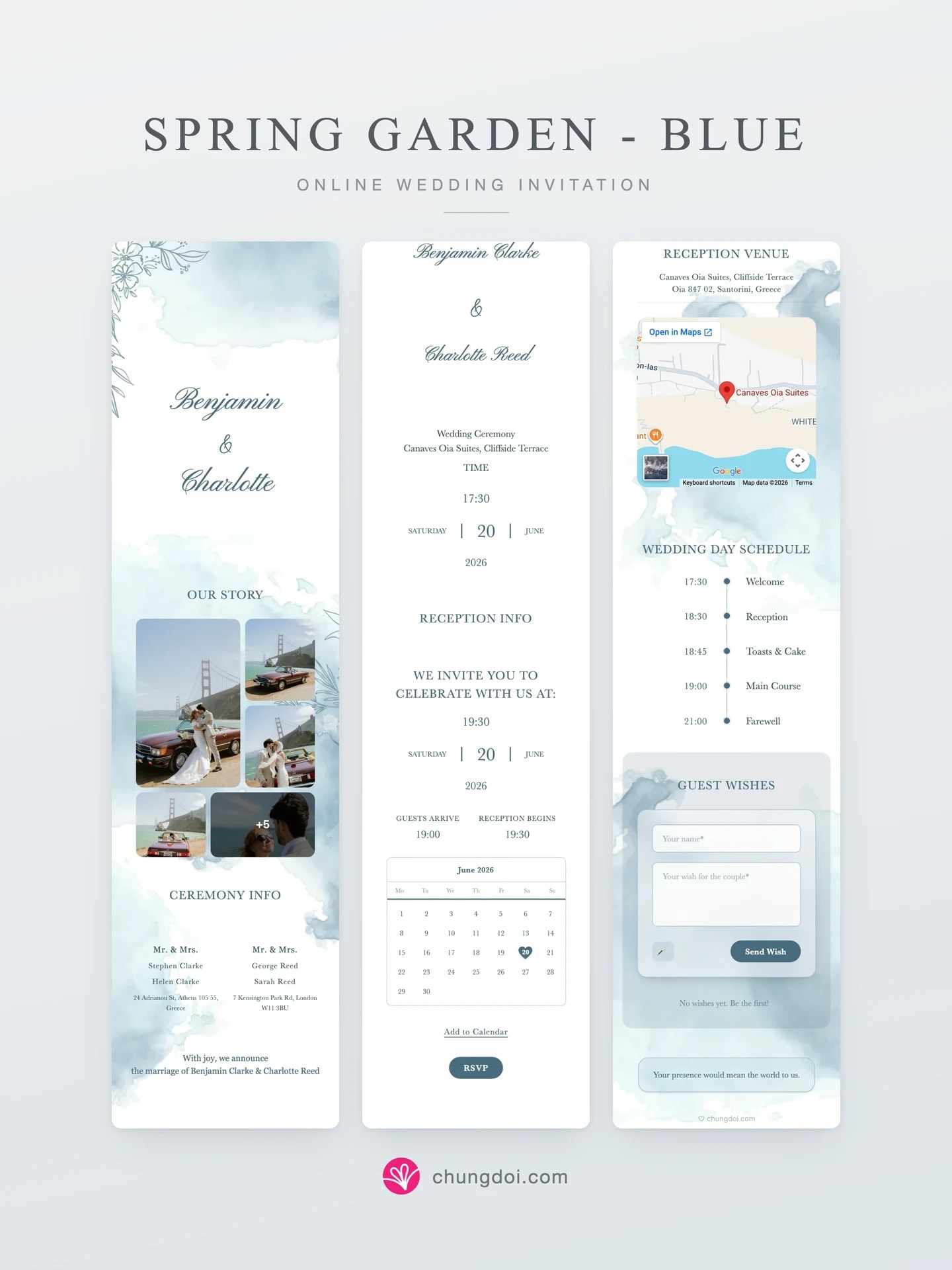 Vista completa de la invitación de boda Spring Garden - Blue: sus tres secciones una al lado de la otra