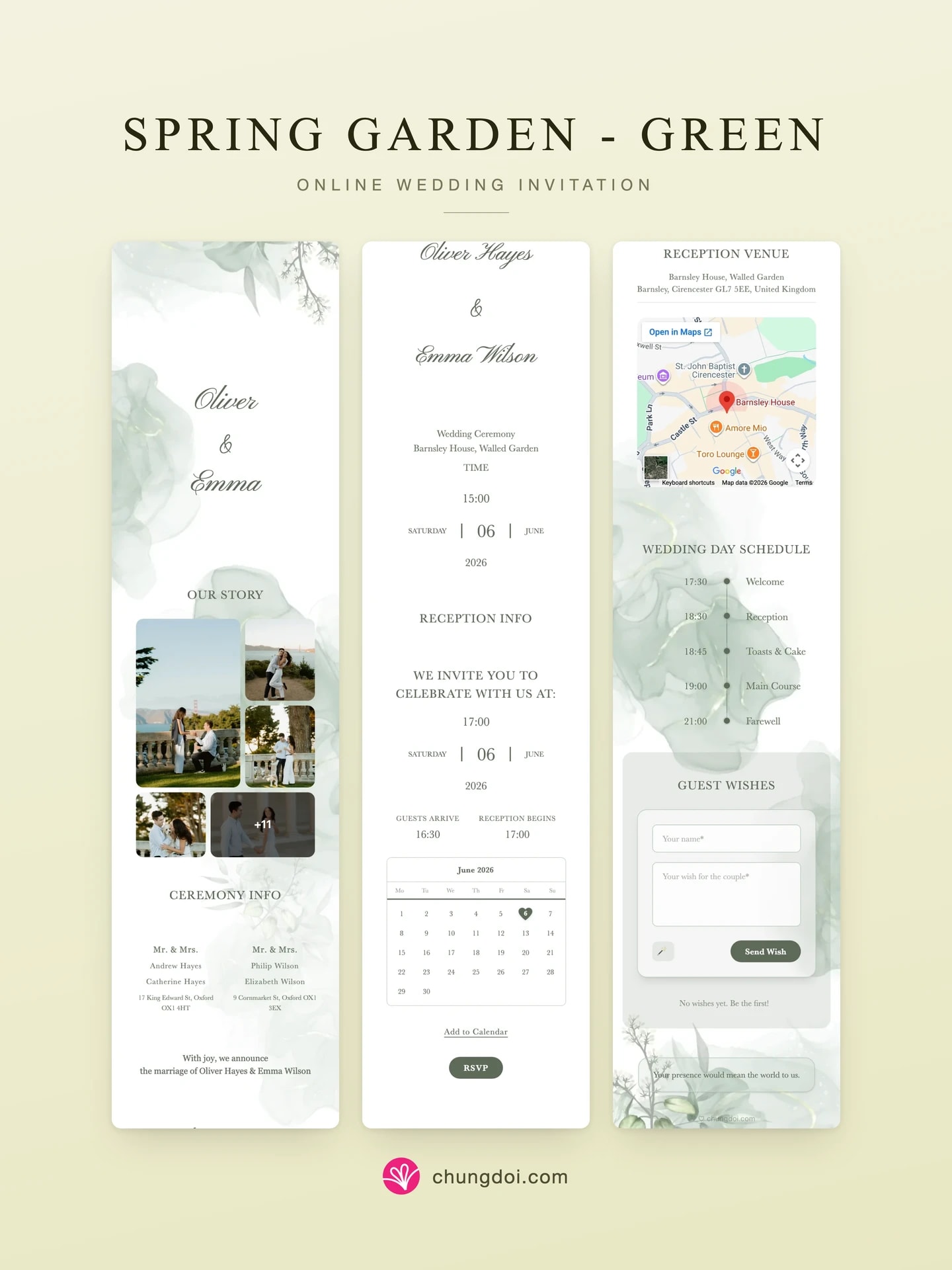 Vista completa de la invitación de boda Spring Garden - Green: sus tres secciones una al lado de la otra