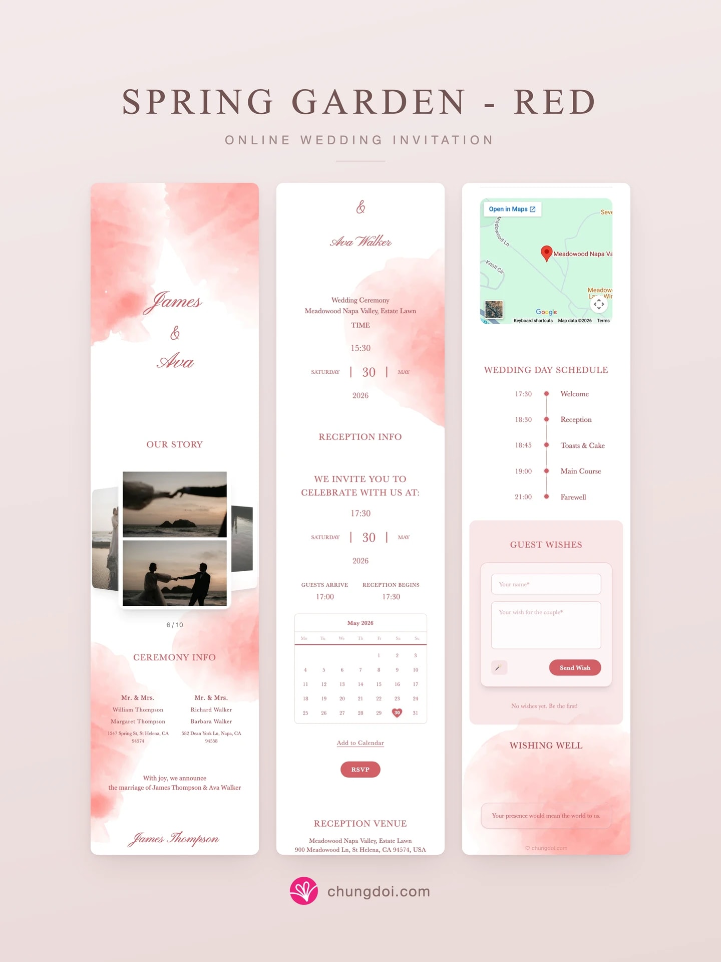 Full view of the Spring Garden - Red wedding invitation: its three sections side by side
