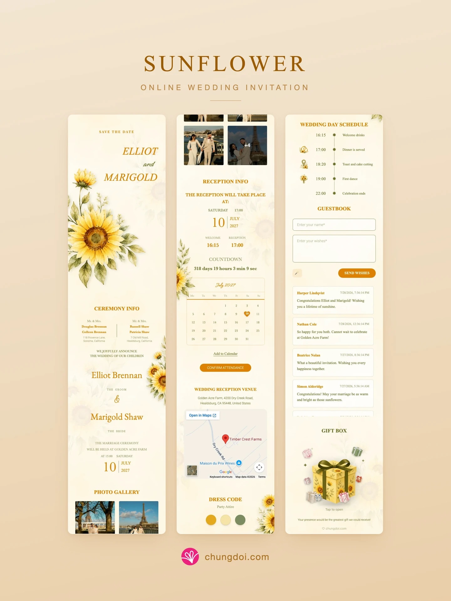 Full view of the Sunflower wedding invitation: its three sections side by side