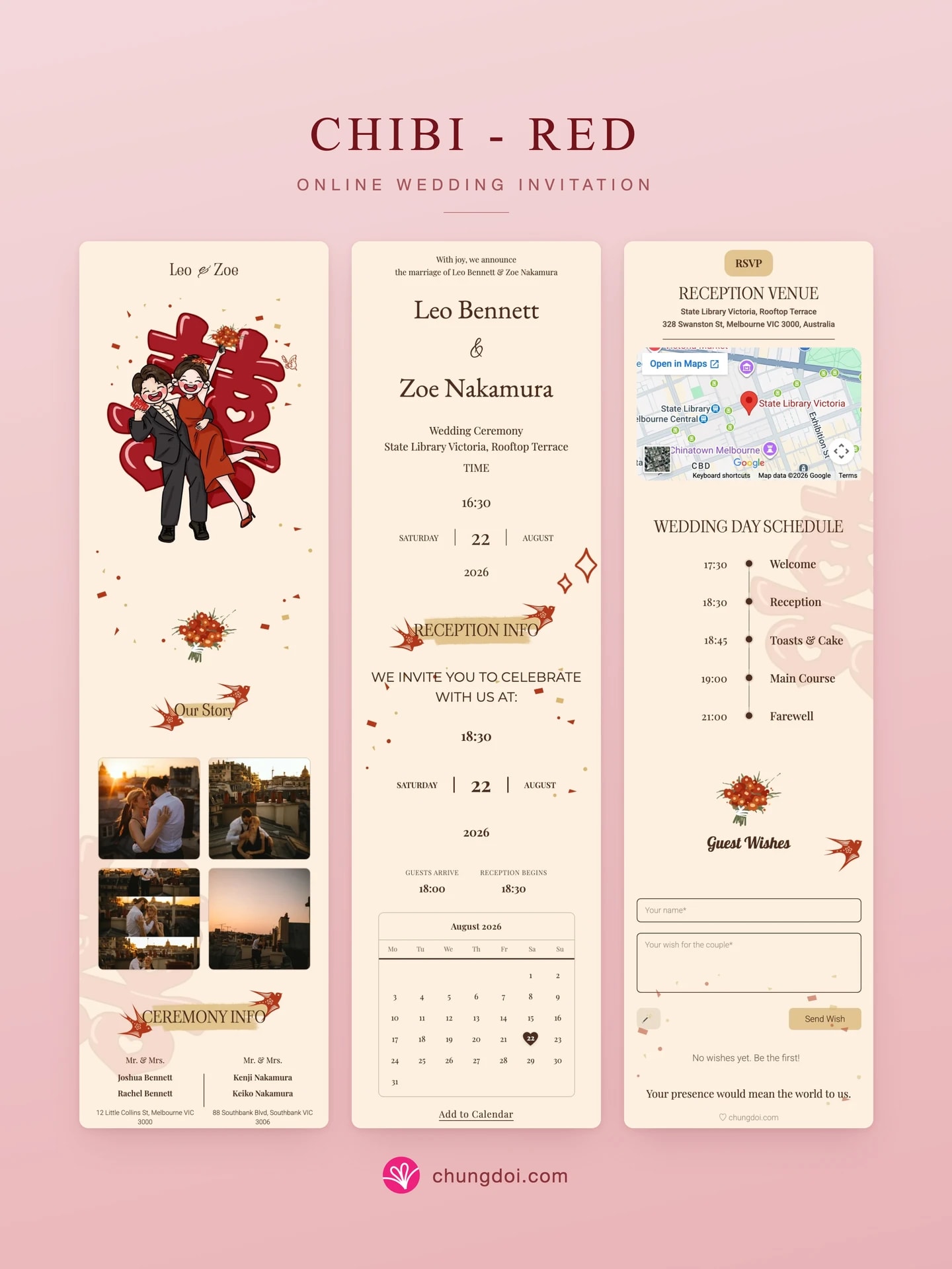 Full view of the Chibi - Red wedding invitation: its three sections side by side